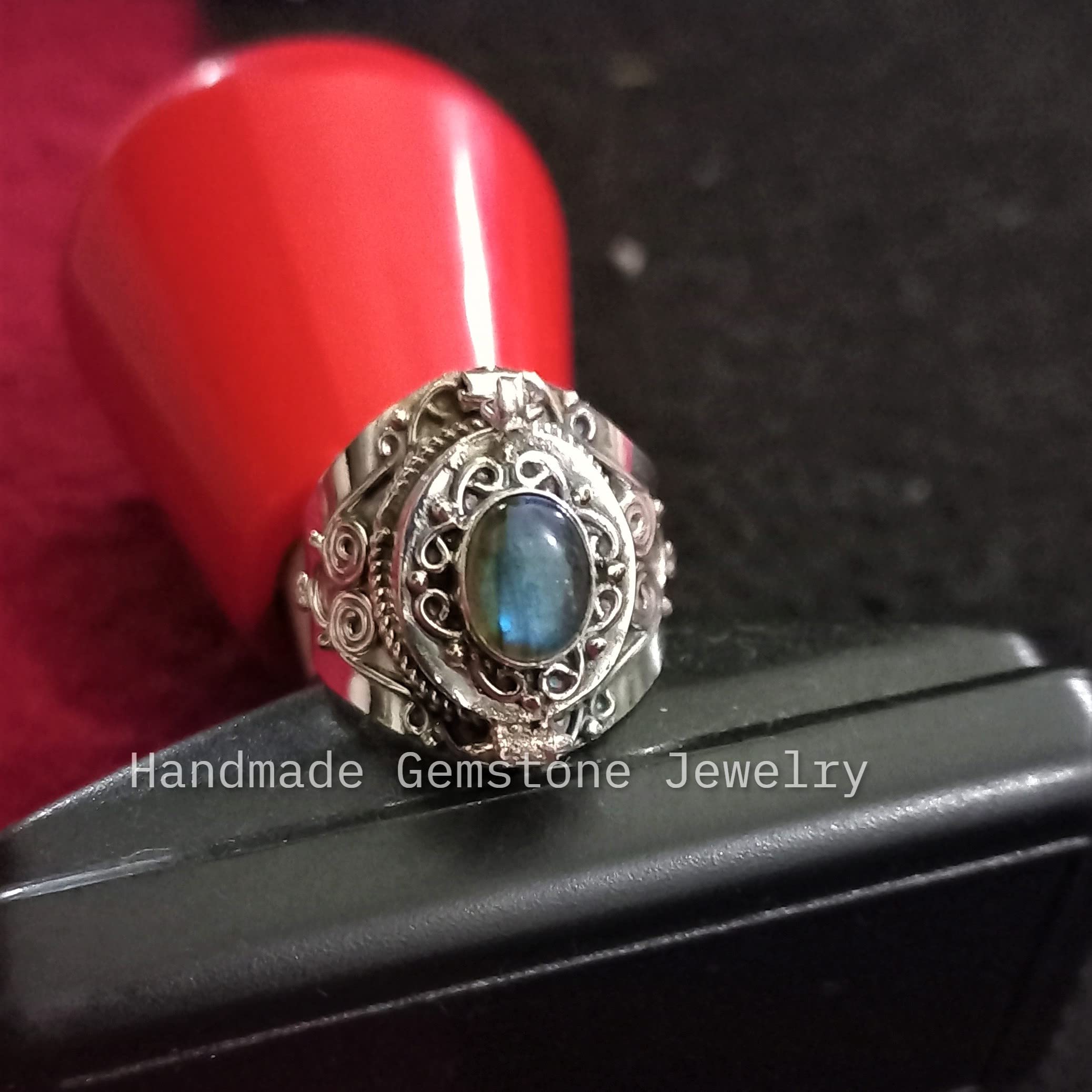 Natural Labradorite Ring with Blue Flash - December Birthstone Jewelry, Poison Box & Locket Ring, Healing Crystal Gift for Women | Perfect for Secret Messages, Spiritual Healing & Special Occasions