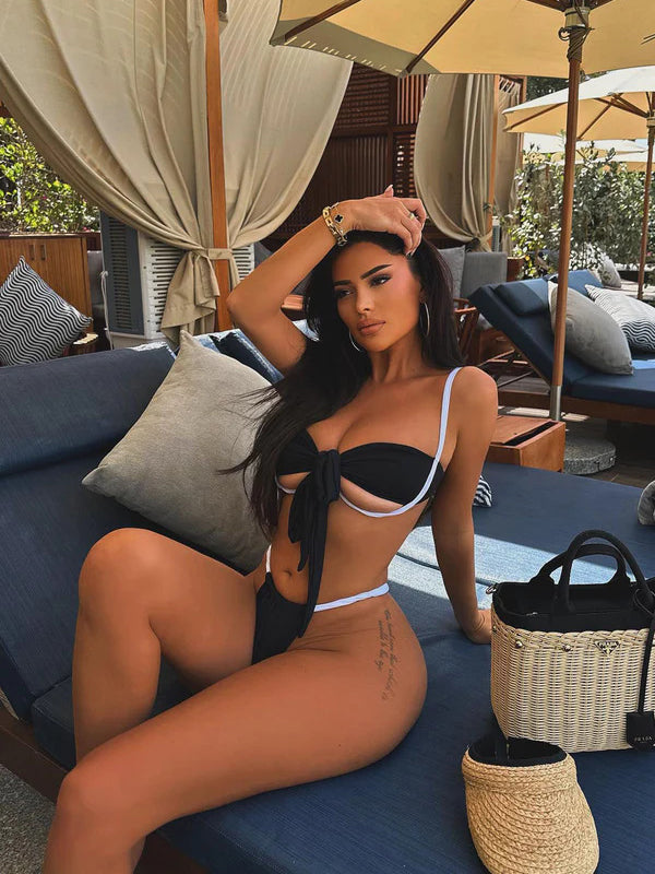 ZASUWA Women's Sexy Contrast Color Bow Knot Lace Up Hollow Out Bikini Set - Perfect for Beach Vacation, Pool Party & Summer Swimwear