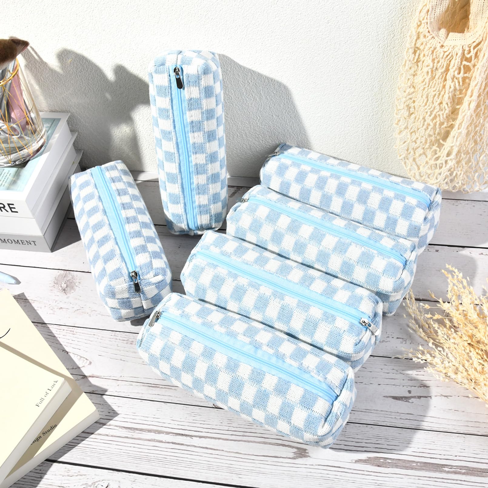 6 Pcs Checkered Makeup Bag Set - Preppy Cosmetic Pouch Organizer for Travel, Toiletries & Makeup Brushes Storage - Light Blue Aesthetic Makeup Bags for Women & Teens - Perfect for School, Gym, Vacation & Daily Use