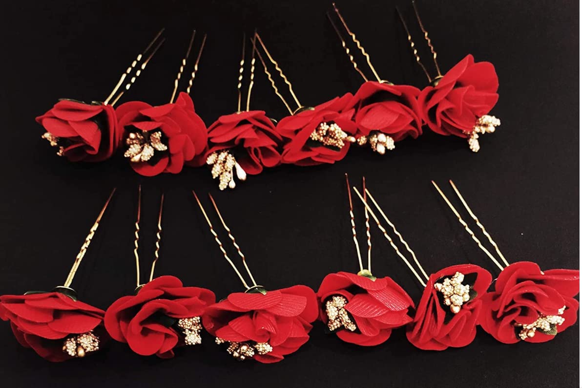 12pcs U-Shape Bridal Hair Pins with Crystal & Red Roses - Floral Wedding Hair Jewelry for Women & Girls - Perfect for Bridal Updos, Prom, and Special Occasions