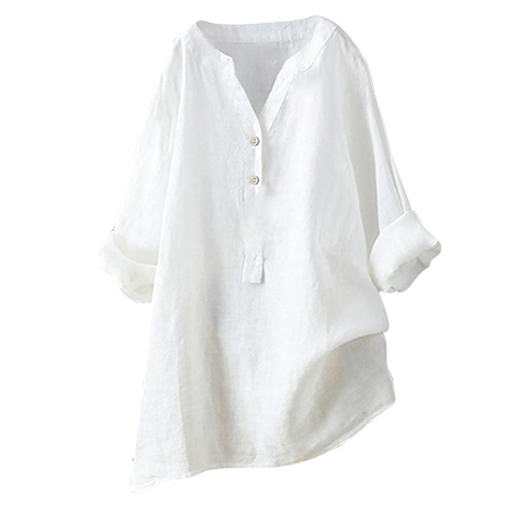 WUAI Women's 3/4 Sleeve Plus Size V-Neck T-Shirt - Soft Cotton Linen Blend Casual & Dressy Loose Button Up Top for Summer | Perfect for Office, Date Night & Weekend Outings