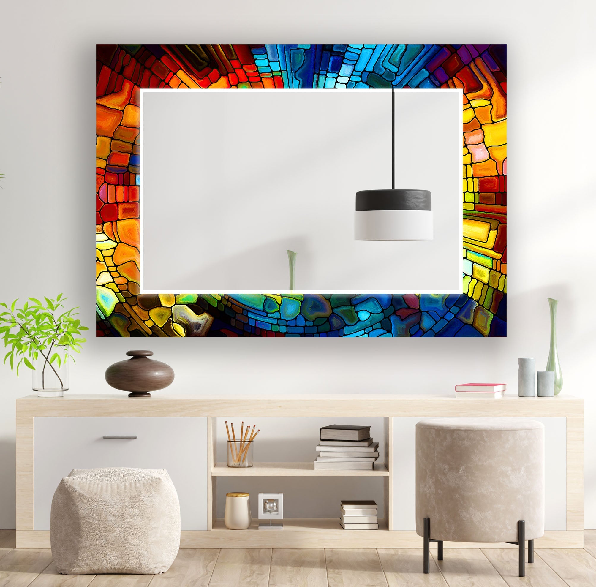 Vibrant Mosaic Glass Wall Mirror - Handmade Decorative Bathroom Vanity Mirror for Home Decor & Bedroom Accent