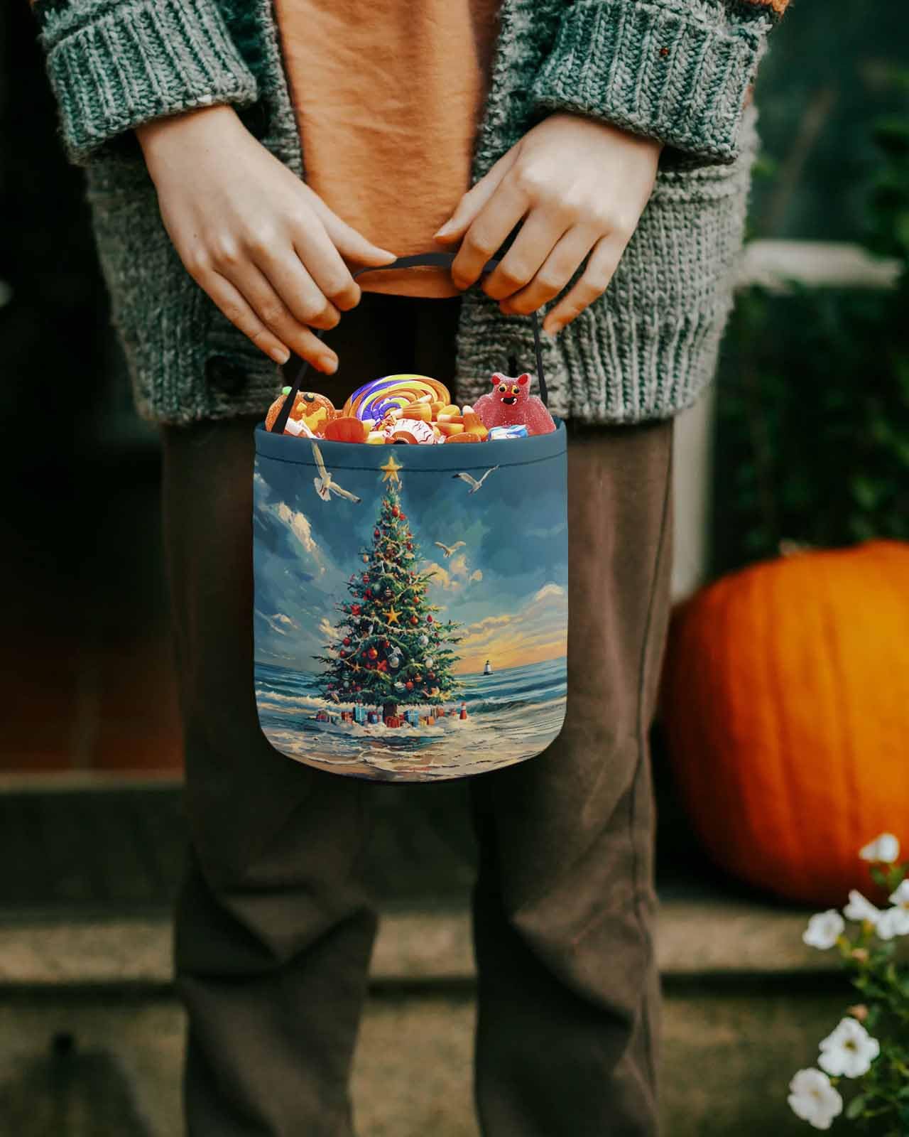 2 Pack Reusable Halloween Trick or Treat Candy Bags | Christmas Tree Design with Star Ornaments | Collapsible Holiday Party Favor Tote for Candy, Gifts & Goodies | Perfect for Halloween Parties, Christmas Celebrations & Beach-Themed Events