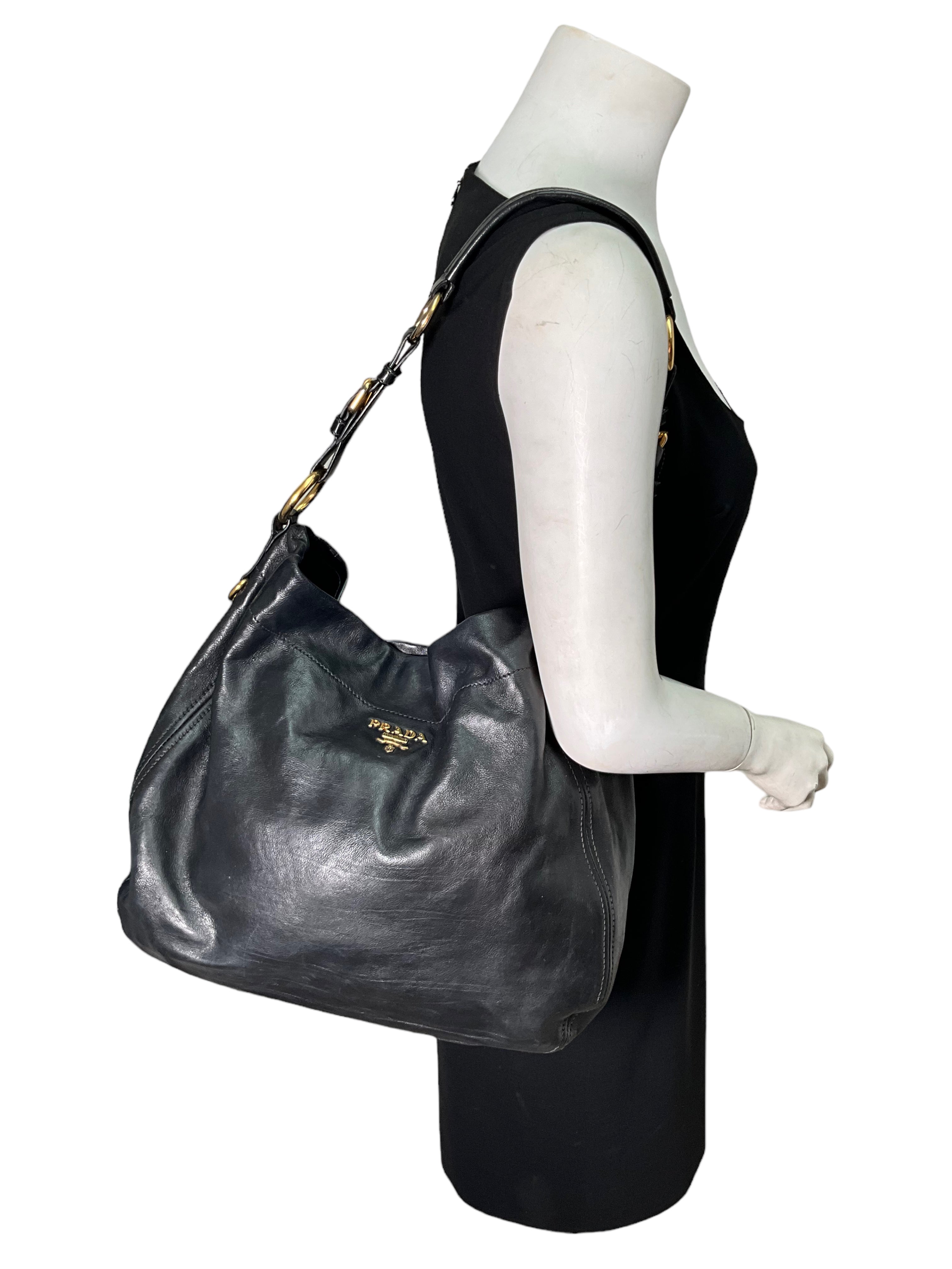 Prada Black Glace Calf Leather Hobo Handbag for Women - Luxury Shoulder Bag for Work, Travel & Everyday Use