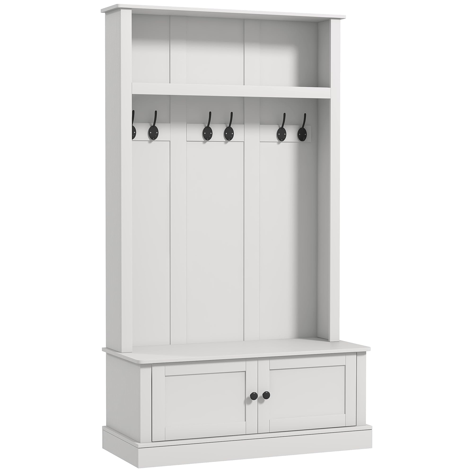 HOMCOM 42 Inch 3-in-1 Entryway Hall Tree with Storage Bench, Coat Rack with 6 Hooks, Shoe Organizer and Top Shelf - White | Perfect for Mudroom, Foyer & Entryway Organization