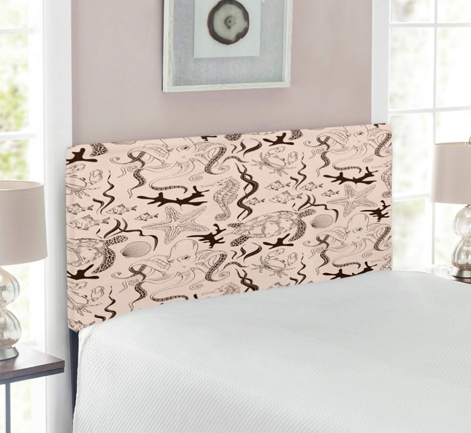 Ambesonne Beige Upholstered Headboard - Twin Size Retro Marine Animal Art with Memory Foam | Octopus, Crab & Seahorse Design | Contemporary Metal Bed Frame for Coastal & Nautical Bedroom Decor