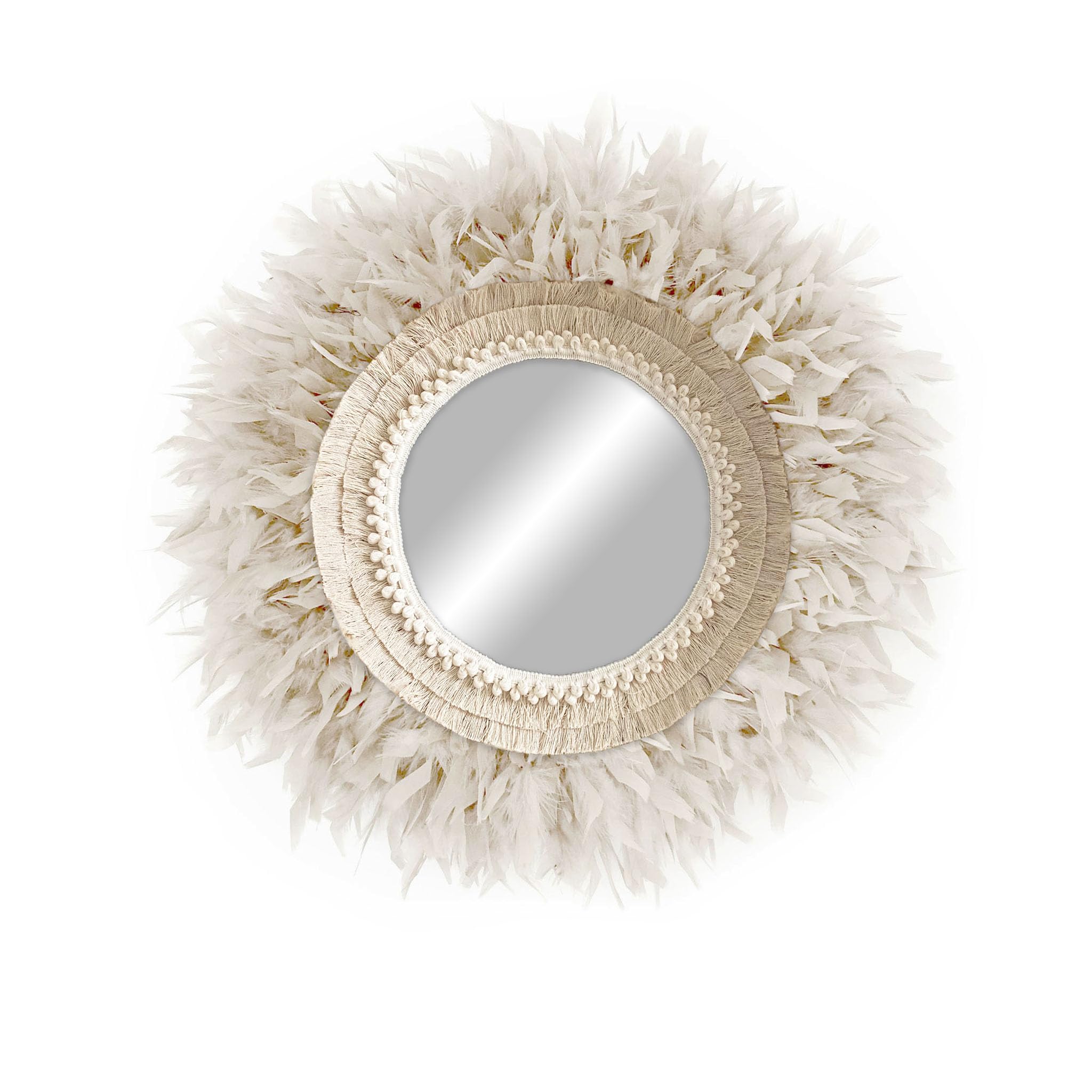 Handmade Boho Feather and Cotton Wall Mirror - Elegant Beige Decor for Living Room, Bedroom & Entryway | Vintage Style Home Accent