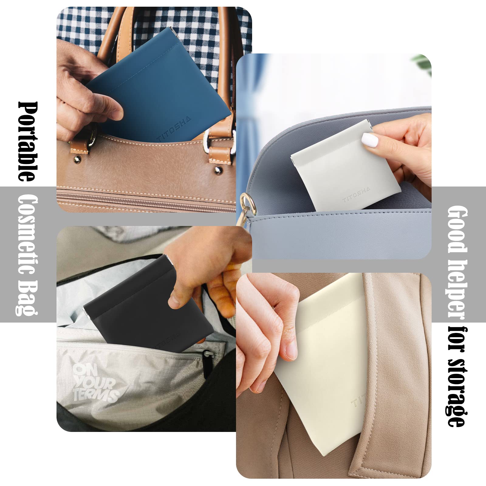 Titosha Portable Squeeze Top Cosmetic Bag for Women - Self Closing Lambskin Makeup Pouch, Mini Storage Organizer for Lipstick, Jewelry & Coins (Khaki) | Perfect for Travel, Gym & Everyday Essentials
