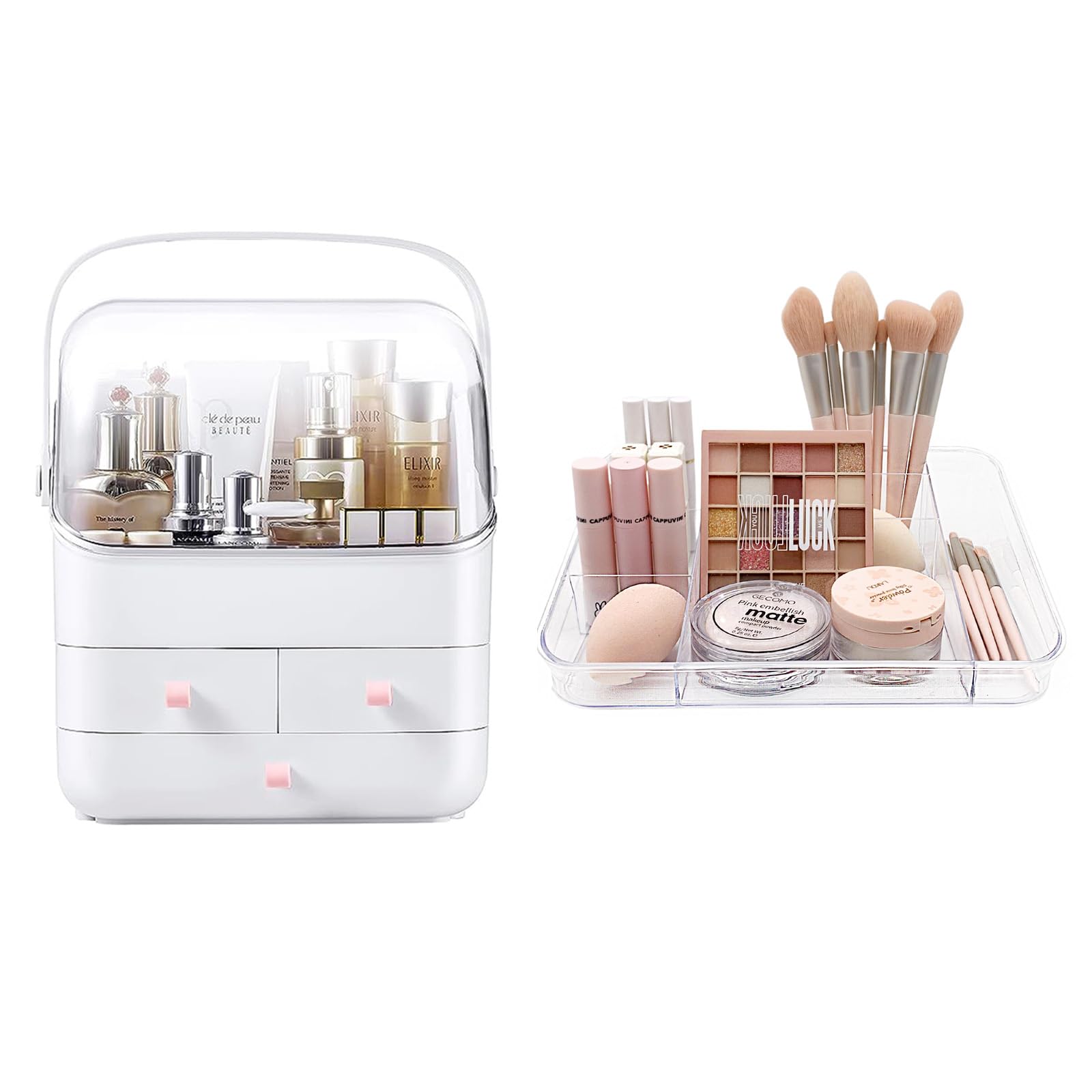 SUNFICON Makeup Organizer with Trays - Cosmetic Storage Box & Vanity Organizer Set for Makeup Brushes, Lipsticks, and Skincare | Perfect for Bathroom Countertops, Dressing Tables, and Travel