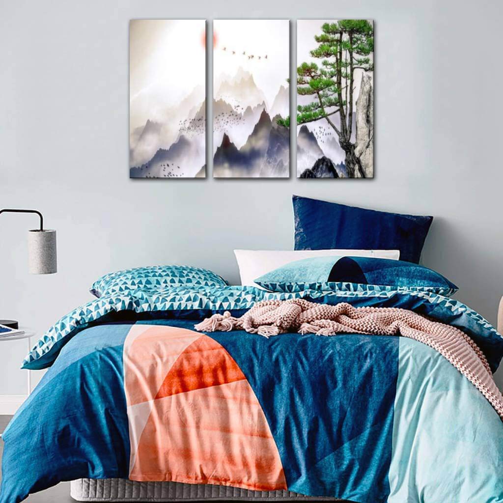 Pine Trees Distant Mountains Clouds Sunrise Landscape Canvas Wall Art - Modern 3 Panel Painting for Office Living Room Bedroom Decor - Perfect for Home & Workspace Interior Design