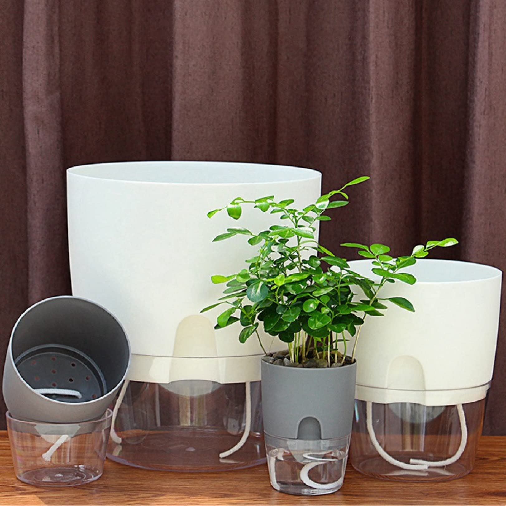 2 Layer Self Watering Round Plant Pot with Cotton Rope - Automatic Plant Water Container for Indoor Plants, Desktop Garden, Flower Pot Decor - Perfect for Home, Office, Balcony & Small Space Gardening