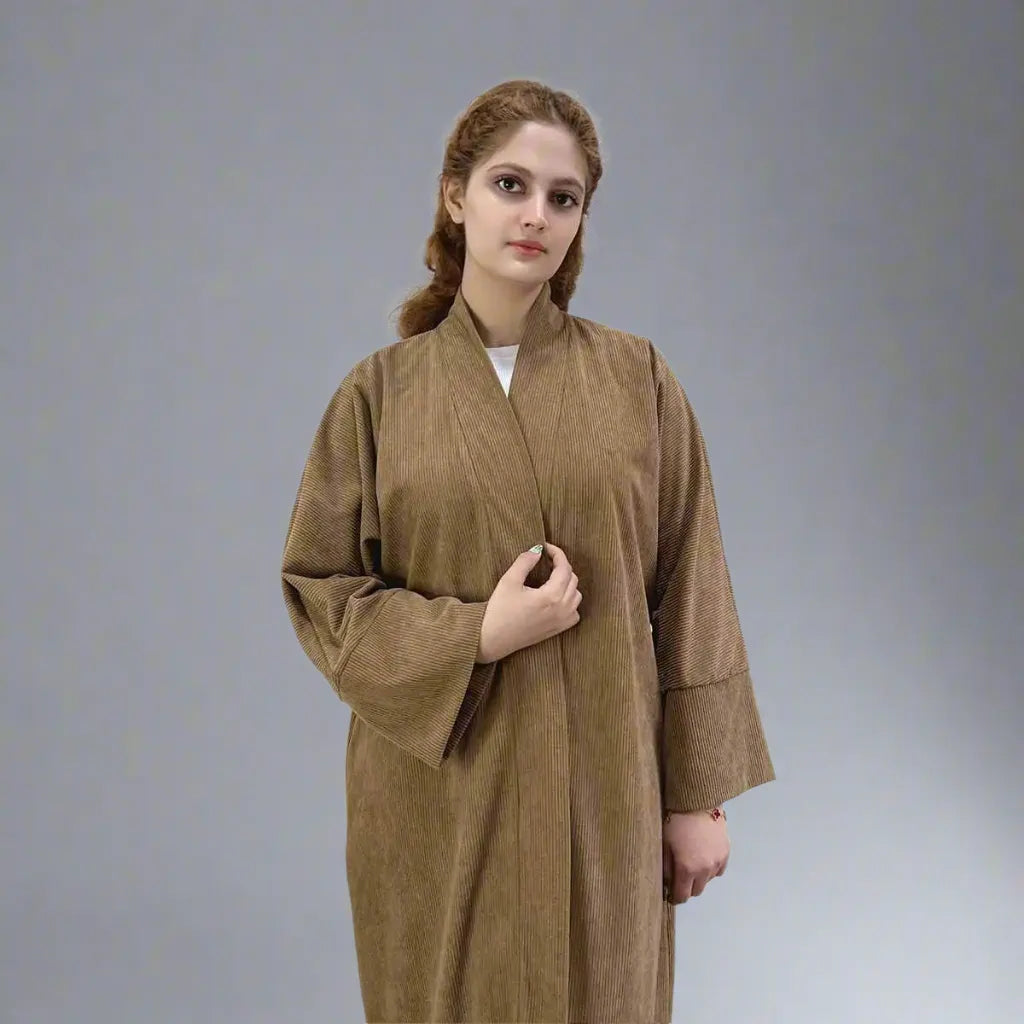 Women's Thick Corduroy Open Abaya Coat for Winter & Fall - Modest Islamic Outerwear for Prayer, Mosque & Everyday Wear