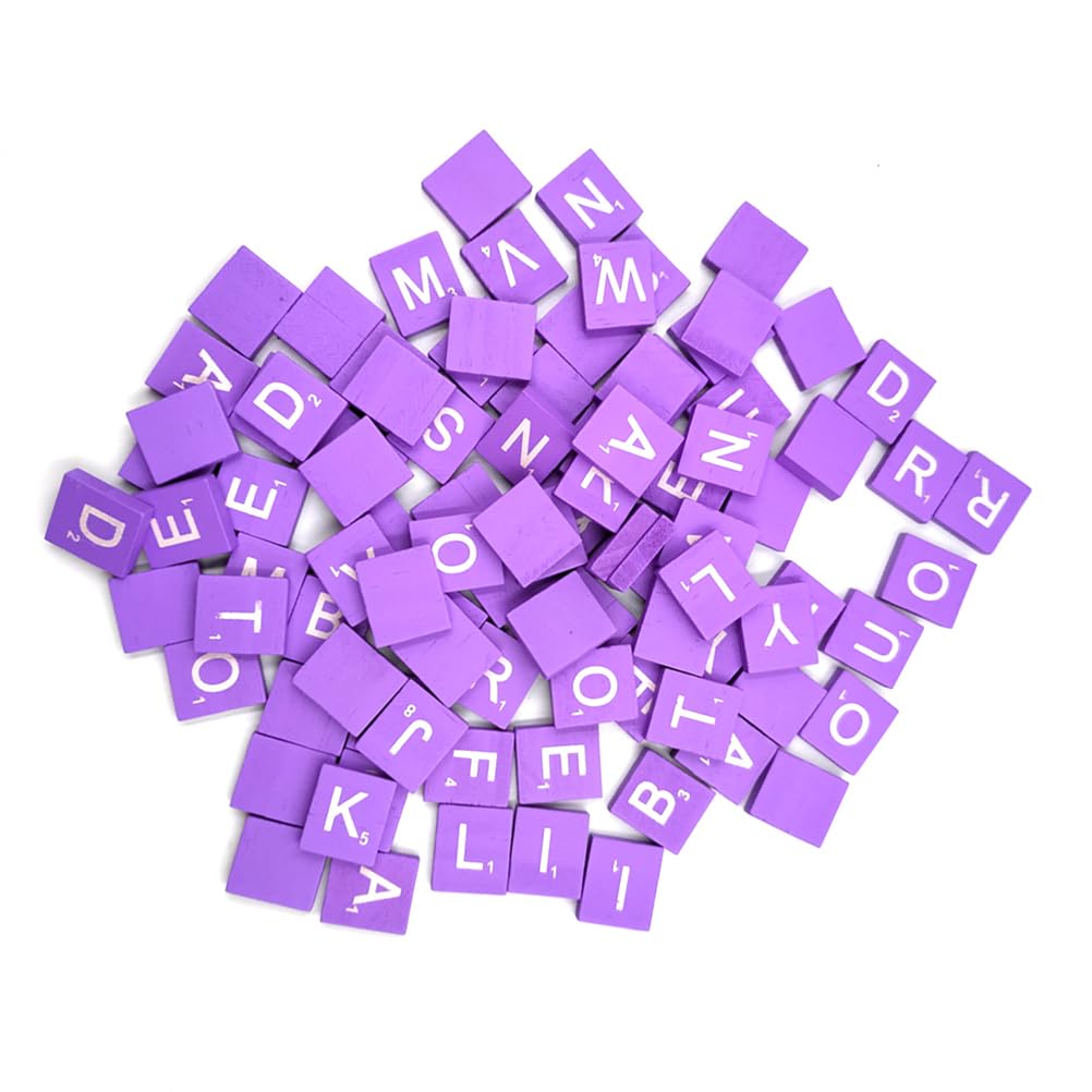 100pcs Self-Adhesive Vinyl Letter Stickers - Wooden Alphabet Tiles for Phonics, Spelling & Learning - Perfect for DIY Crafts, Wedding Decor, Baby Toys & Educational Activities - Reusable Wood Chips in Bamboo Storage Box (Purple)