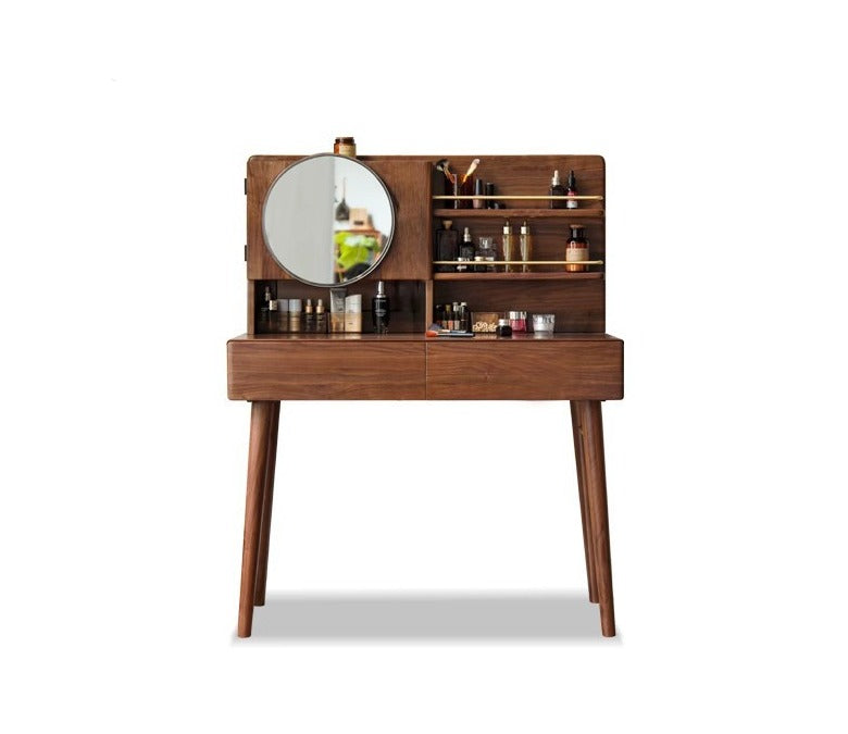 Black Walnut Solid Wood Moon Makeup Mirror Vanity Dressing Table - Elegant Bedroom & Bathroom Decor for Women