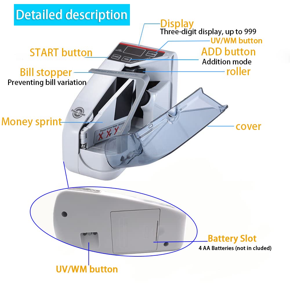 Cosdio Portable Money Counter Machine - Mini Bill Cash Counter for Multi-Currency Banknotes | Handheld Digital Currency Counting Device for Small Businesses, Retail Stores & Home Use