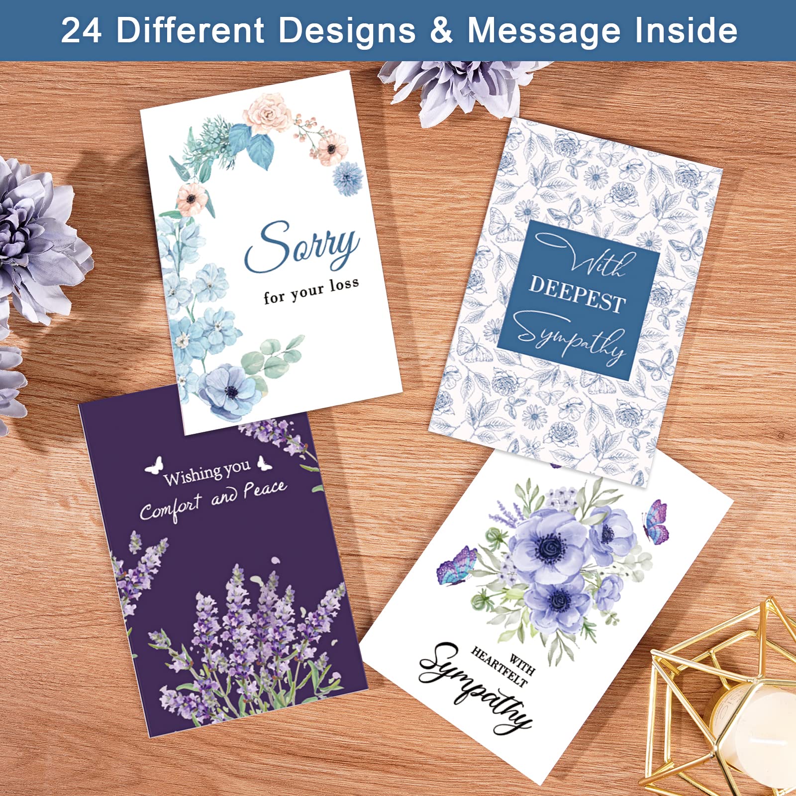 24 Pack Sympathy Cards with Envelopes - Floral Butterfly Condolence Cards with Inspirational Messages, Watercolor Design (4×6 inches) - Perfect for Comforting Grieving Friends & Family