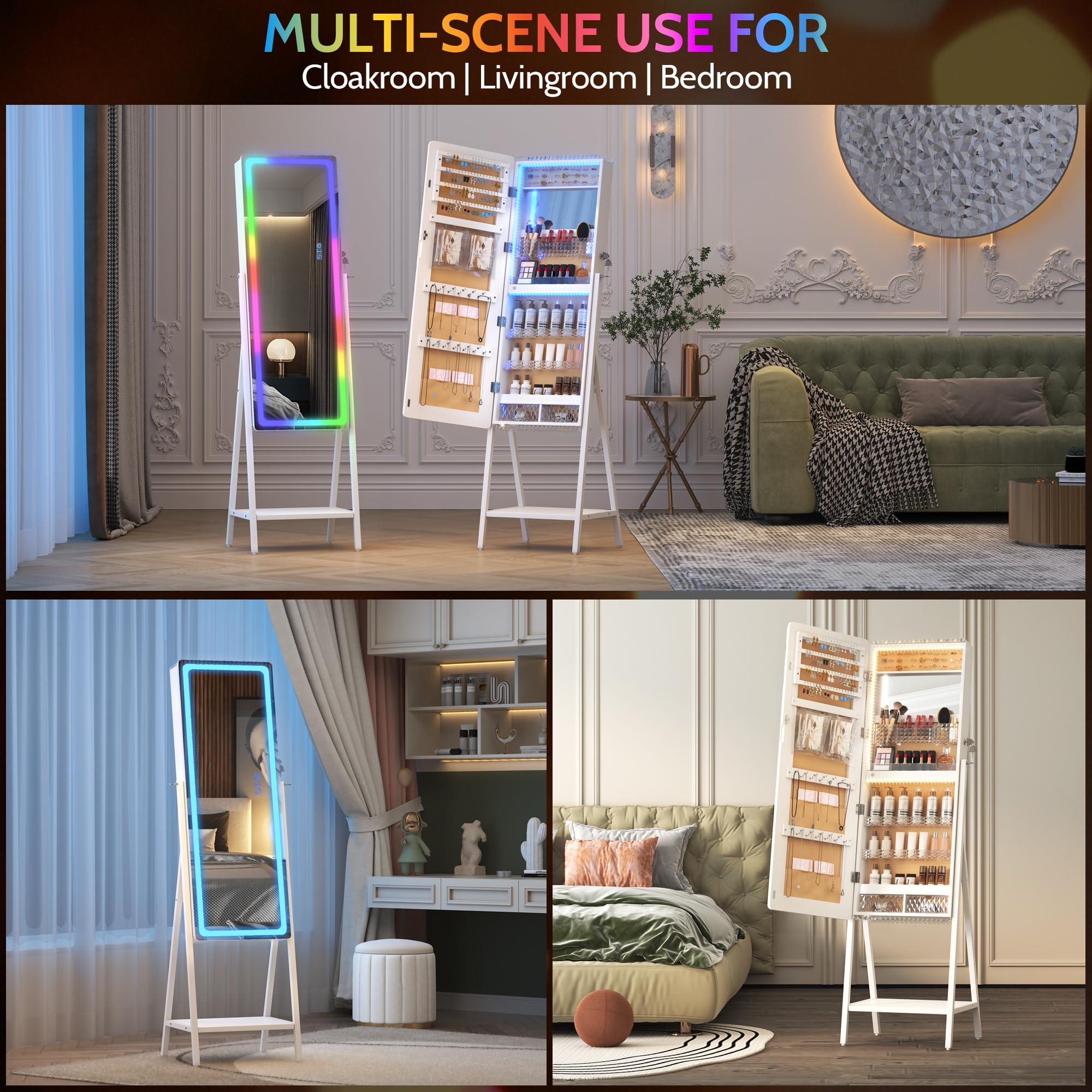 LVSOMT White Full-Length LED Jewelry Mirror Cabinet with 14 RGB Lights - Dimmable & Adjustable Speed Standing Jewelry Armoire Organizer - Perfect for Bedroom, Dressing Room and Vanity Makeup Area