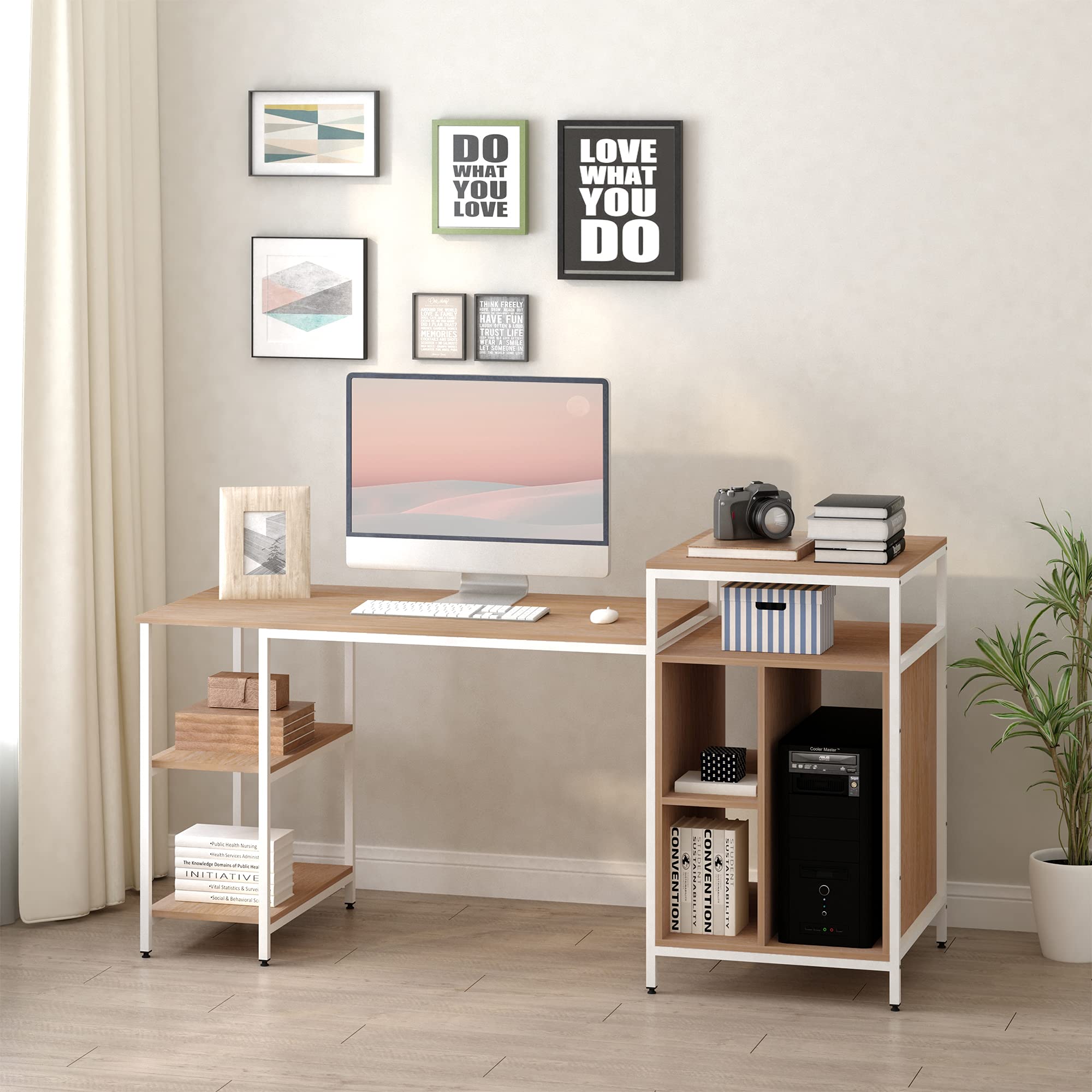 HOMCOM 68 Inch Office Computer Desk with Bookshelf & CPU Stand - Modern Woodgrain Design, Spacious Storage Shelves - Perfect for Home Office, Gaming & Study (Oak Finish)