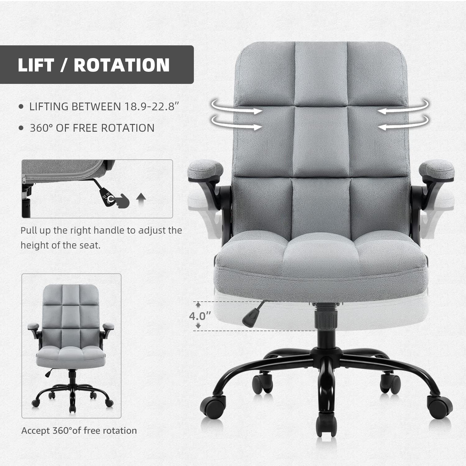 SEATZONE Ergonomic Home Office Chair - Adjustable Fabric Upholstered Desk Chair with Armrests & Lumbar Support - Modern Executive Swivel Task Chair for Computer Work, Gaming & Remote Work - Grey