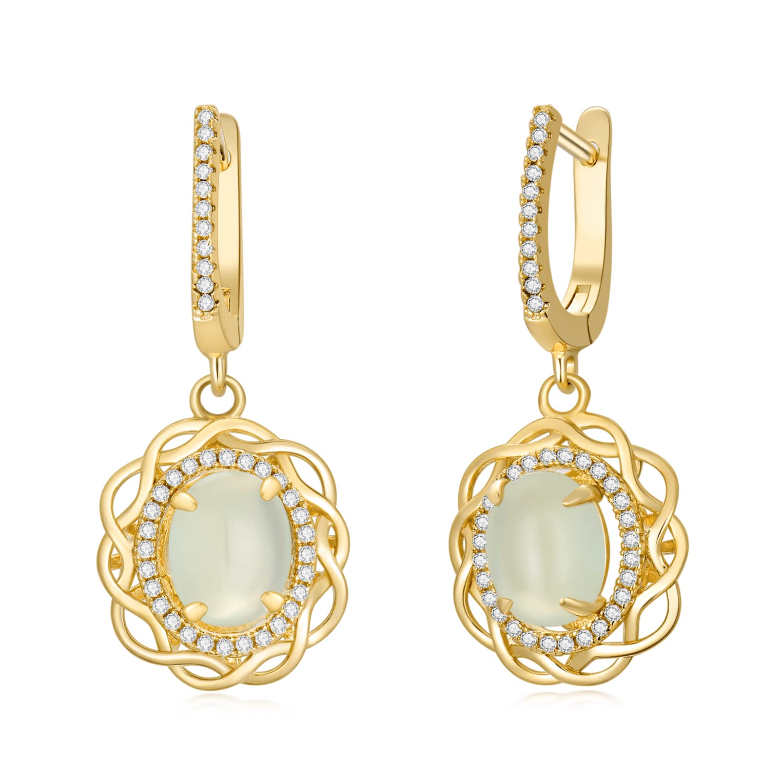 14K Gold & Sterling Silver Oval Hetian Jade Drop Earrings for Women - Elegant Dangle Earrings for Birthday, Christmas & Anniversary Gifts - Perfect for Weddings, Parties & Daily Wear