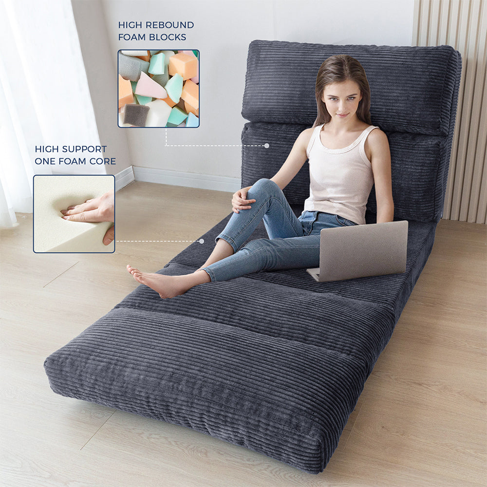 MAXYOYO Folding Sofa Bed - Extra Wide Corduroy Floor Sofa for Small Spaces, Dark Grey | Convertible Guest Bed & Lounge Chair for Apartments, Dorms & Living Rooms