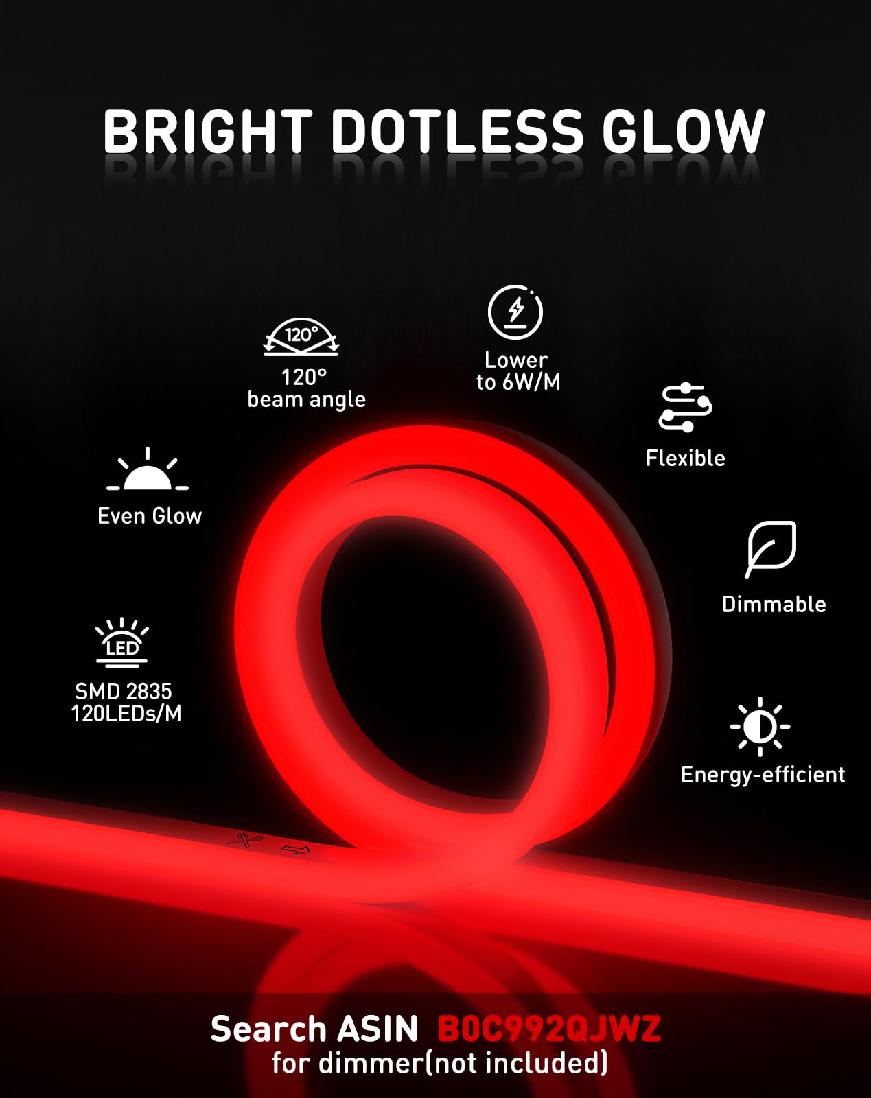 Shine Decor LED Rope Lights AC 120V - Connectable & Cuttable Dotless 120LEDs/M Eco Neon Strip Lighting - ETL Certified IP65 Waterproof & Weather-Resistant - 8x16mm Red 65.6FT - Perfect for Indoor/Outdoor Home Decor, Commercial Signage, Parties & Landscape Lighting