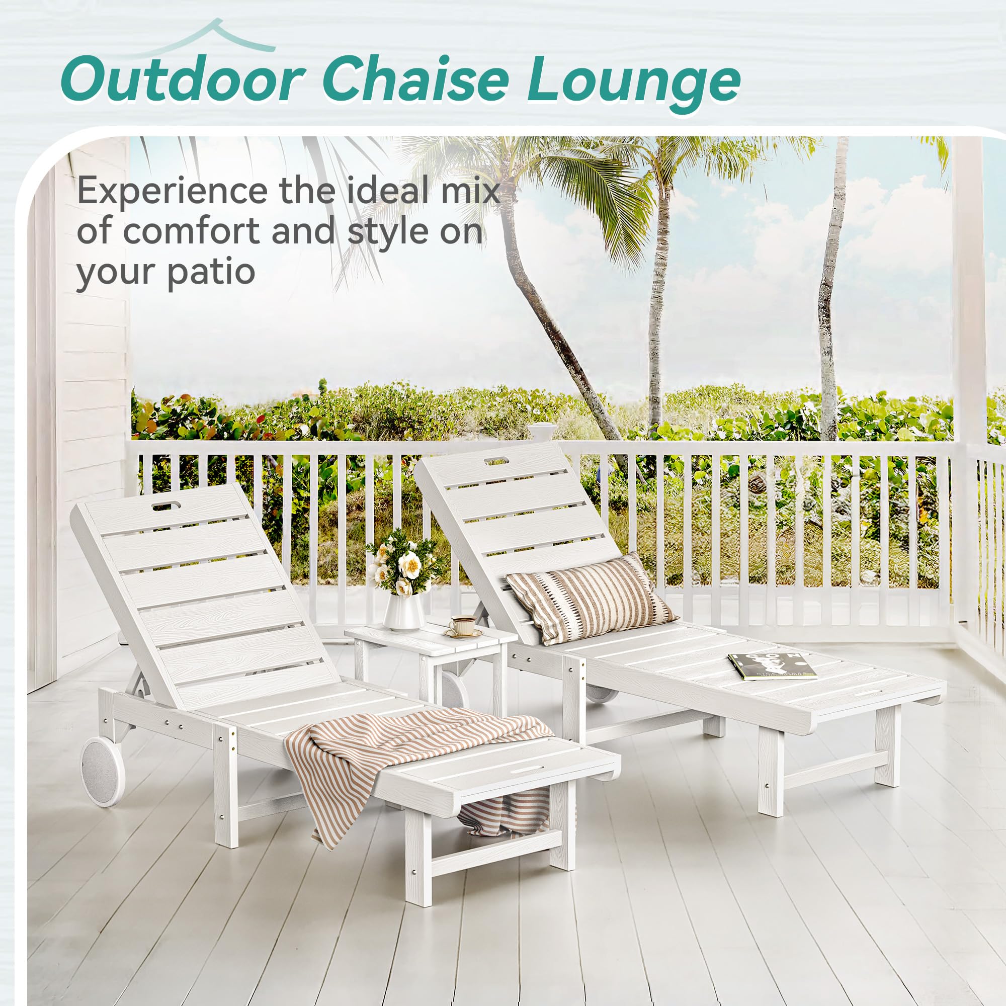 3-Piece White HDPS Outdoor Chaise Lounge Chair with Table & 5-Position Backrest - Patio, Poolside & Beach Lounge Chair with Wheels for Relaxing by the Pool, Garden or Backyard