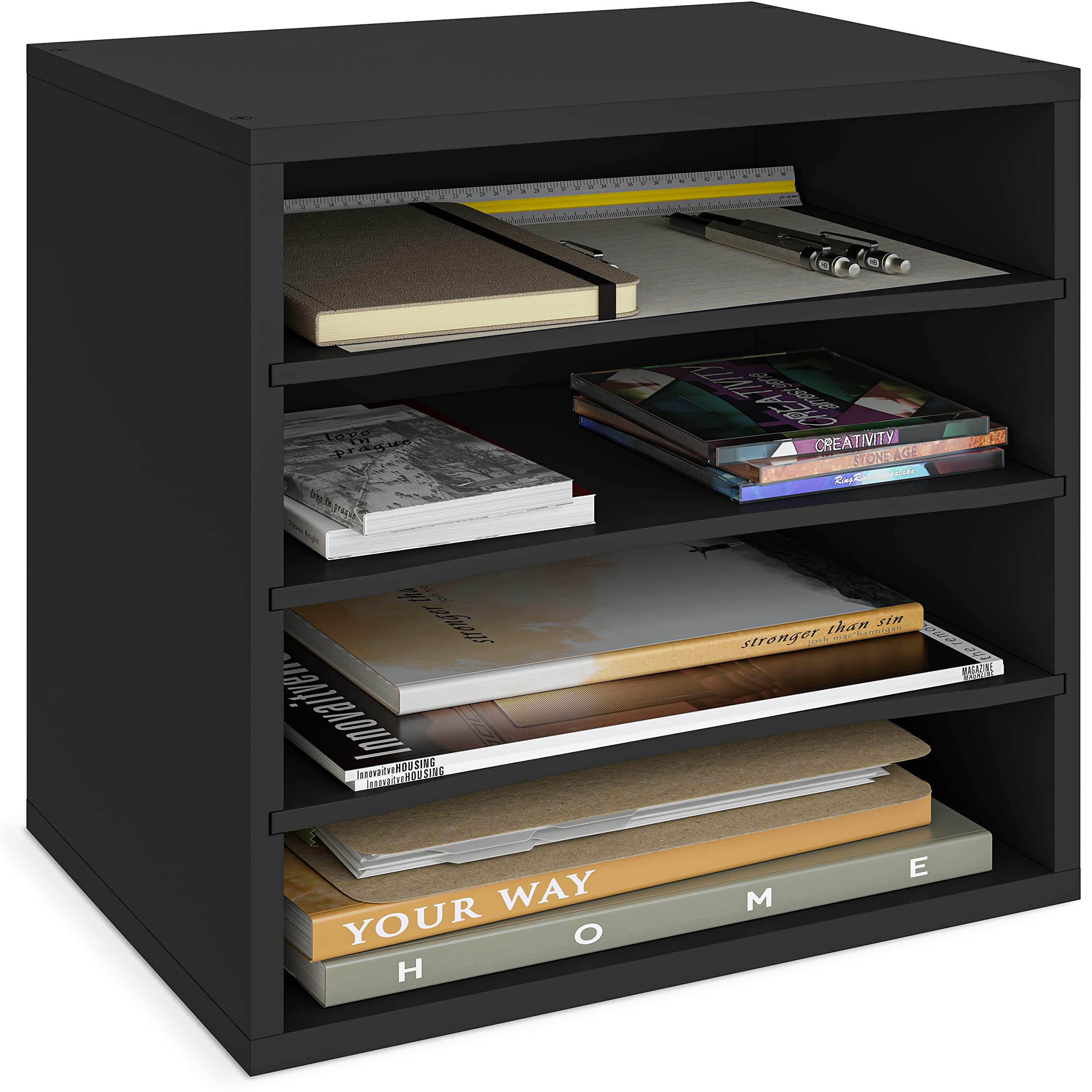 Ballucci 4-Tier Stackable Paper Organizer Tray - Black Desk Storage Shelves for Letter Paper, Documents & Files | Perfect for Office, Classroom & Home Workspace Organization