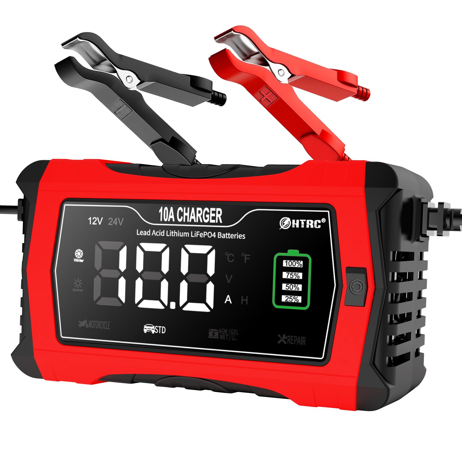 10-Amp 12V & 24V Smart Battery Charger for Cars, Motorcycles, Lawn Mowers - Trickle Charger, Maintainer & Desulfator for Lithium, LiFePO4, AGM, Gel, SLA Batteries - Perfect for Winter Storage & Long-Term Vehicle Maintenance