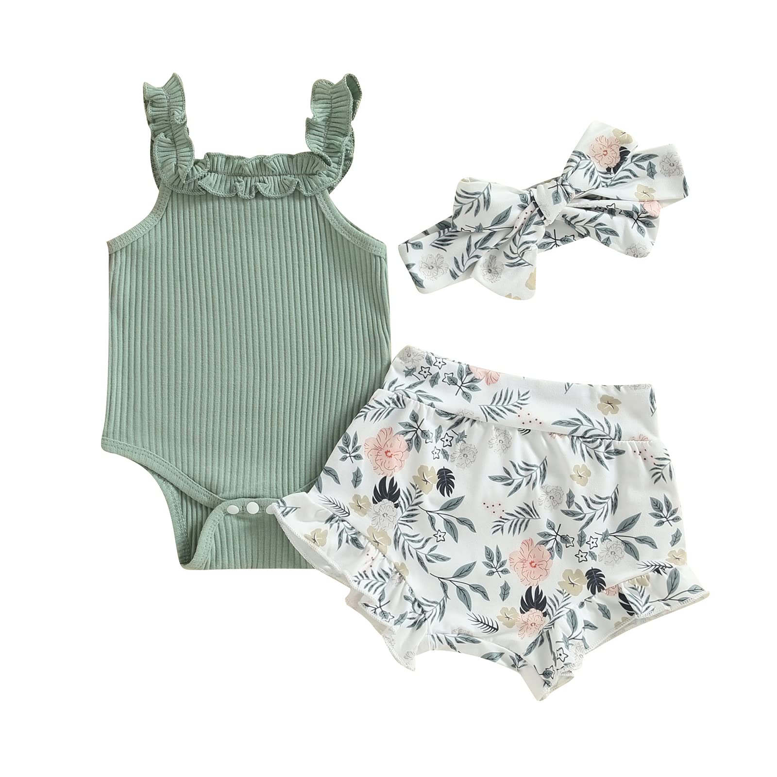 Adorable Newborn Baby Girl Summer Outfit Set - Sleeveless Floral Top & Ribbed Shorts Boho Style | Perfect for Beach, Photo Shoots & Casual Wear