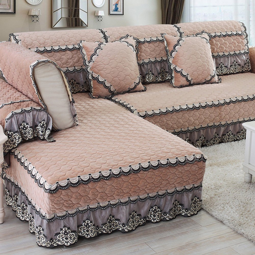 Nileco Quilted Soft Anti-Slip Plush Sofa Slipcover - L Shape Couch Cover with Lace Trim, Thick Winter Furniture Protector (Brown, 100x210cm/39x83inch) - Perfect for Living Room, Home Decor & Pet-Friendly Furniture Protection