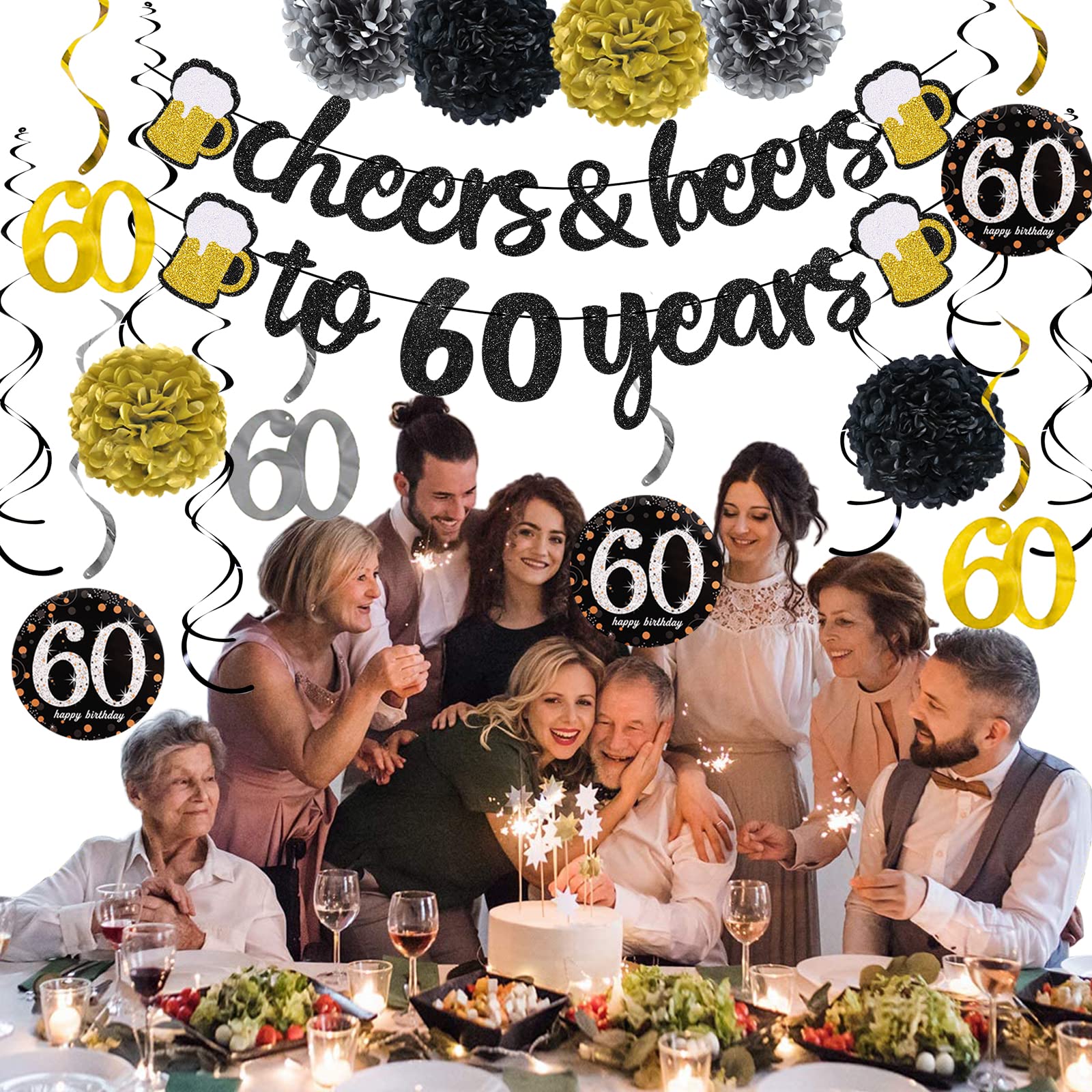 60th Birthday Party Decorations Kit for Men & Women - Cheers to 60 Years Banner, Pom Poms, Flowers & Sparkling Swirl Decorations - Perfect for 60th Birthday Celebrations, Anniversaries & Retirement Parties