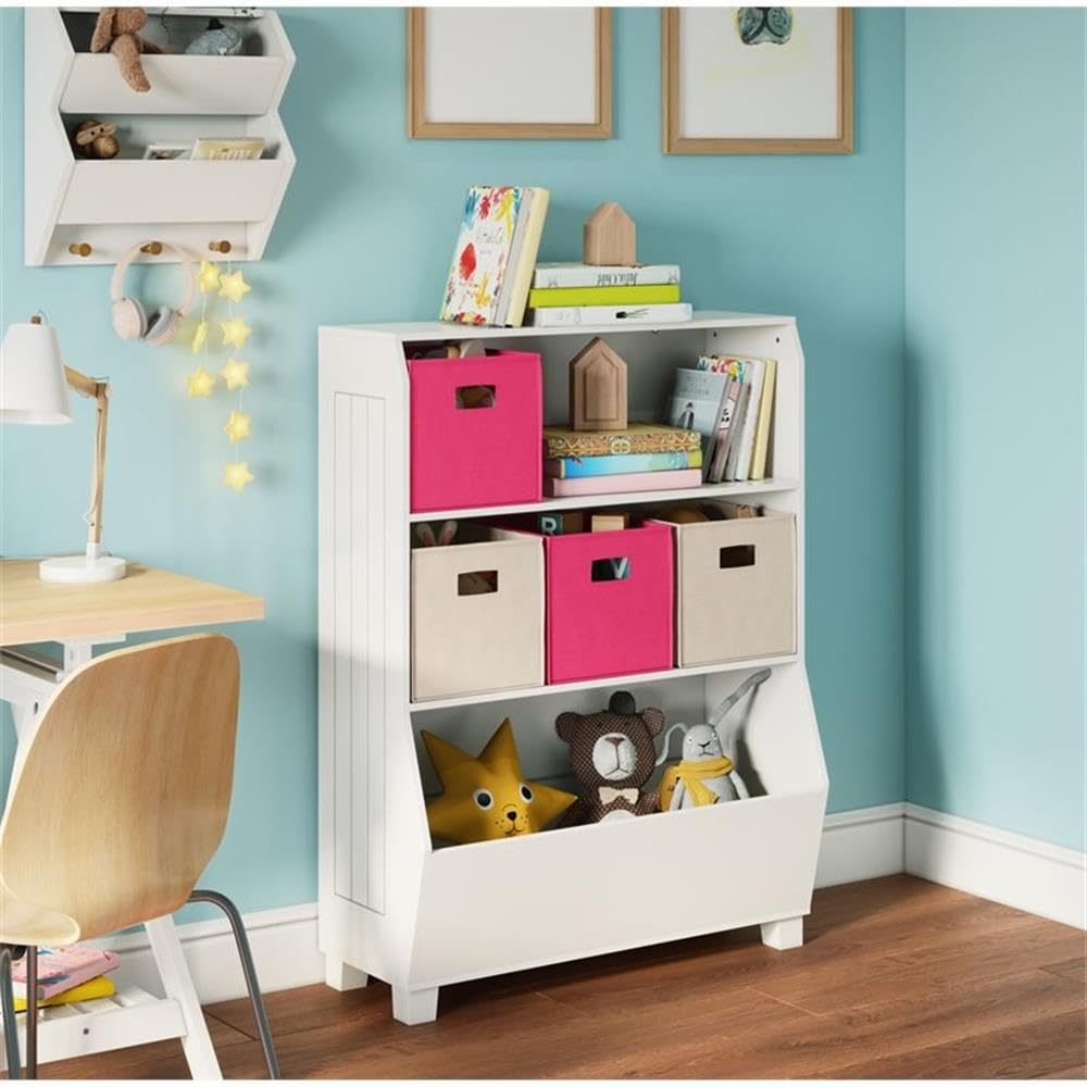 RiverRidge White Kids Bookshelf with Storage Bins - Toy Organizer & Book Shelf with 2 Open Shelves and Spacious Veggie Bin - Perfect for Nursery, Playroom, and Classroom Storage of Books, Toys, Games, and Puzzles