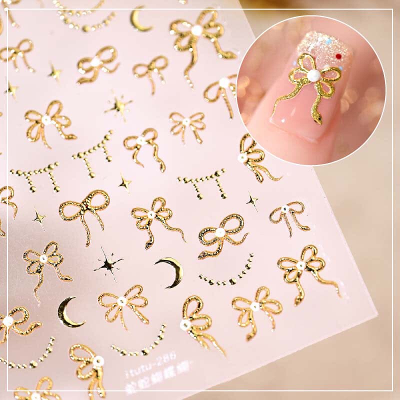 5D Gold Red White Bowknot Embossed Nail Stickers - Elegant Nail Art Decals for Parties, Weddings & Special Occasions