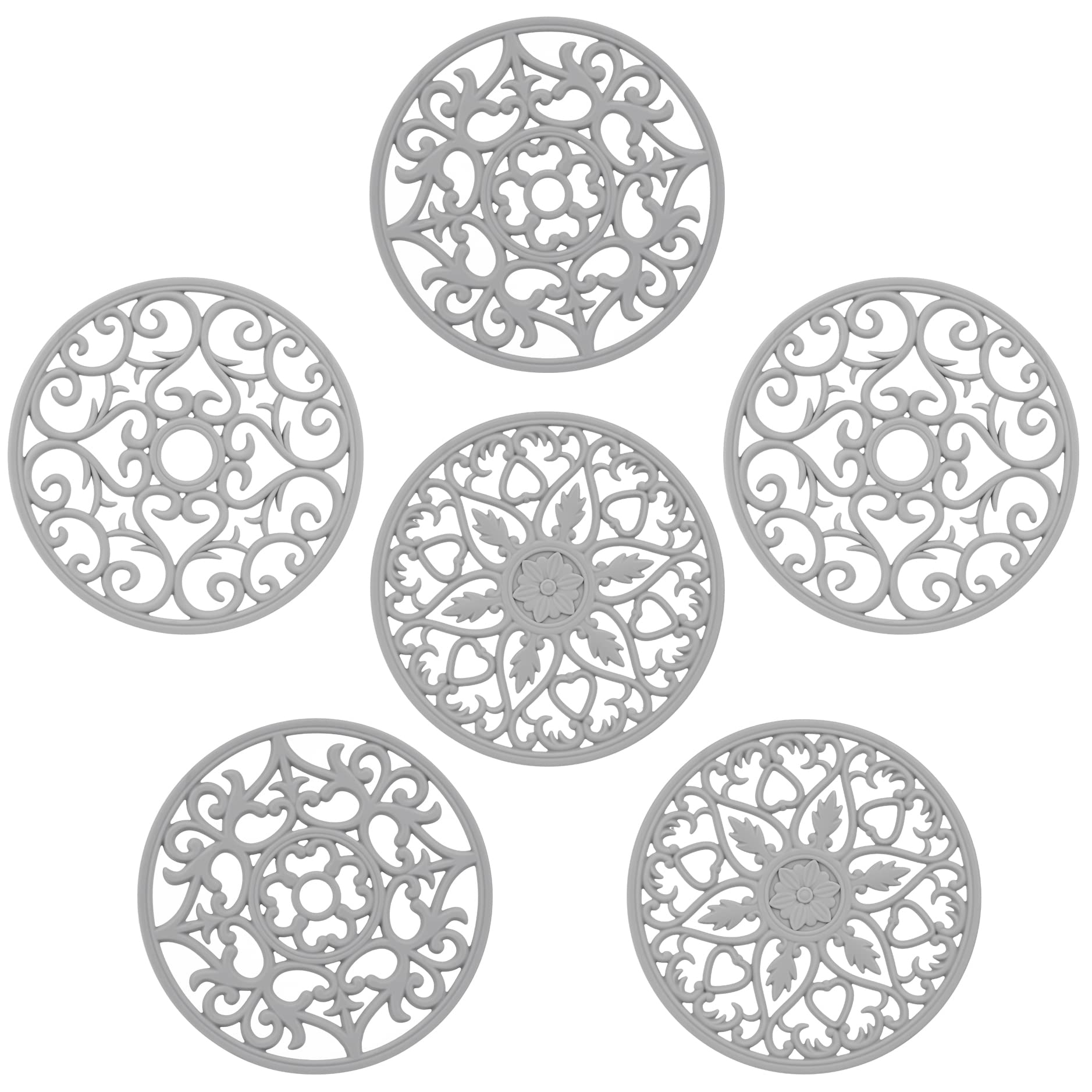Heat Resistant Silicone Trivet Set - 6 Gray Hot Pads for Kitchen & Dining