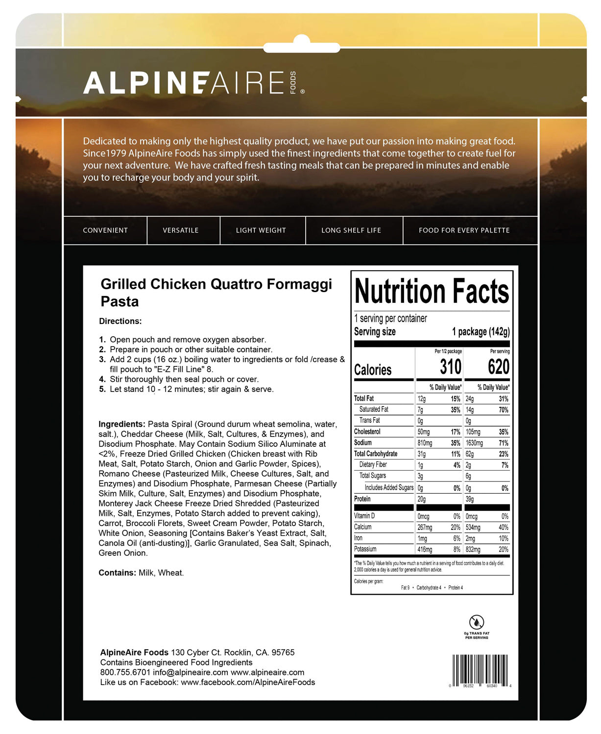 Alpine Aire Grilled Chicken Formaggi Pasta - Freeze Dried Backpacking Meal | High Protein Camping Food for Hiking, Backpacking & Emergency Preparedness | Lightweight & Easy to Prepare