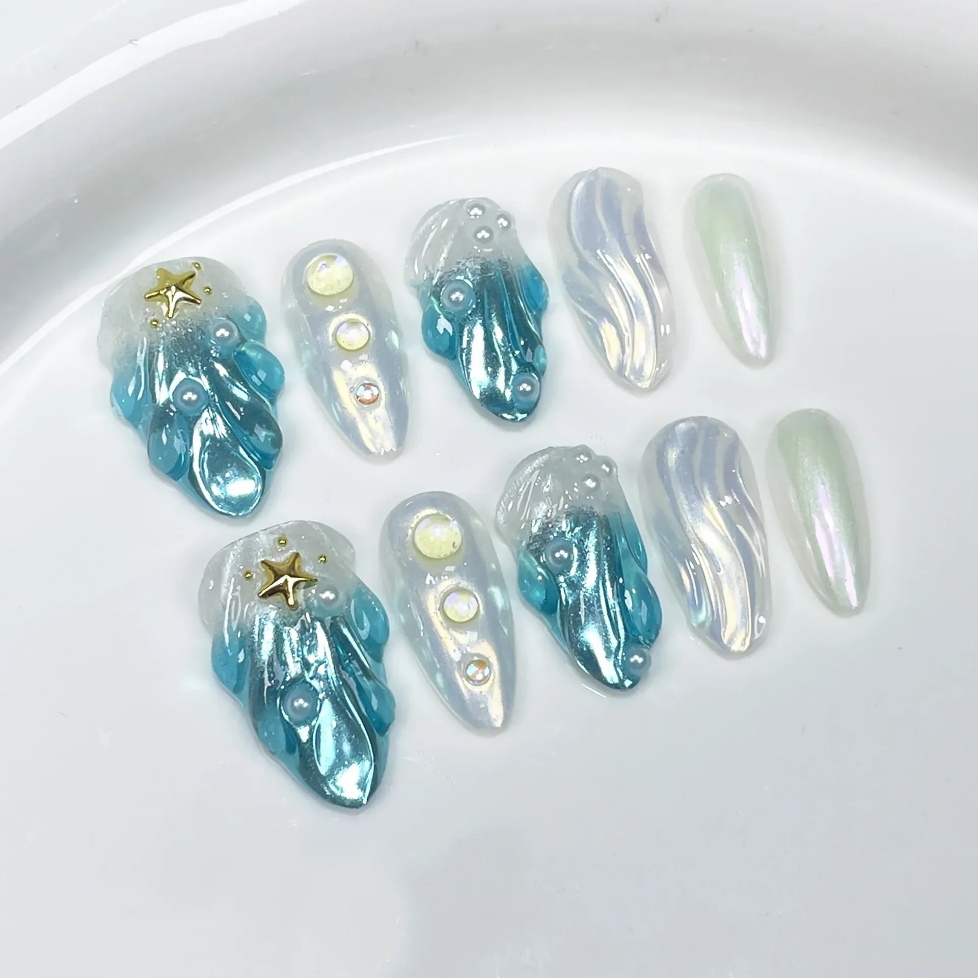 10Pcs Blue Handmade Almond Press on Nails - French Design with Rhinestones & Glitter | Full Cover Fake Nail Tips for Manicure | Perfect for Parties, Weddings, and Special Occasions