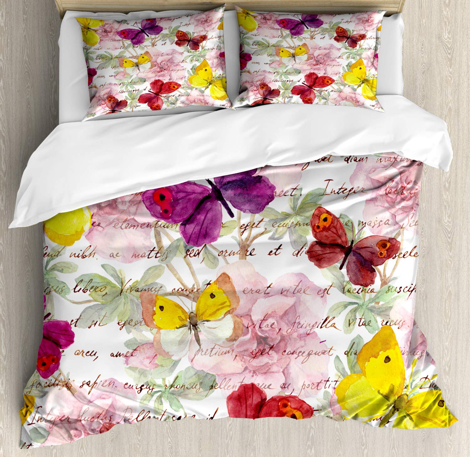 Ambesonne Butterflies Duvet Cover Set - Floral Text Camellia Love Letters Romantic Calligraphy 3-Piece Bedding Set with 2 Pillow Shams, King Size, Multicolor | Vintage Home Decor for Master Bedroom, Guest Room & Bohemian Style