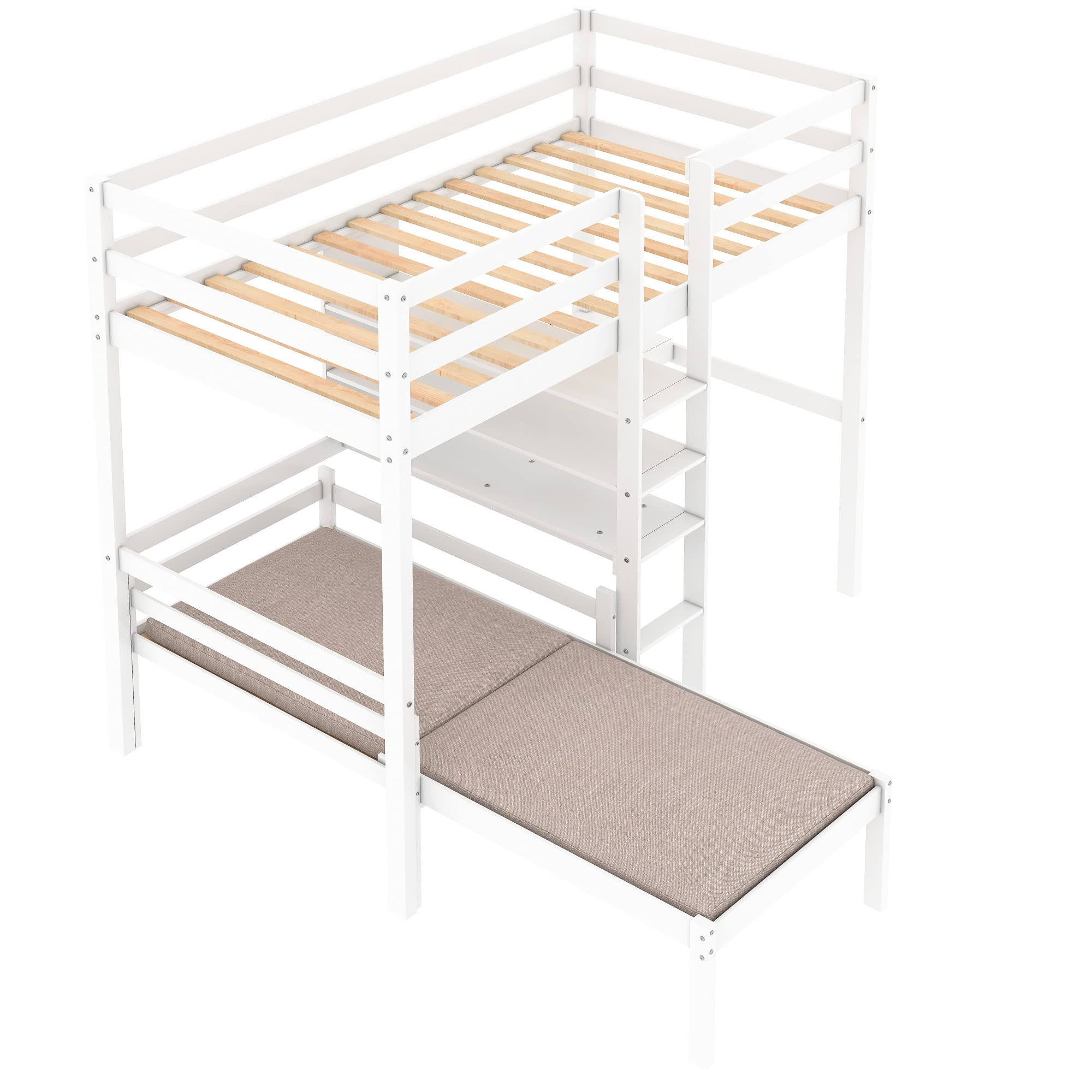 Harper & Bright Designs White Twin Loft Bed with L-Shaped Desk & Shelves - Convertible Bunk Bed Frame with Ladder - Space Saving Kids Bedroom Furniture for Small Rooms & Dorm Rooms