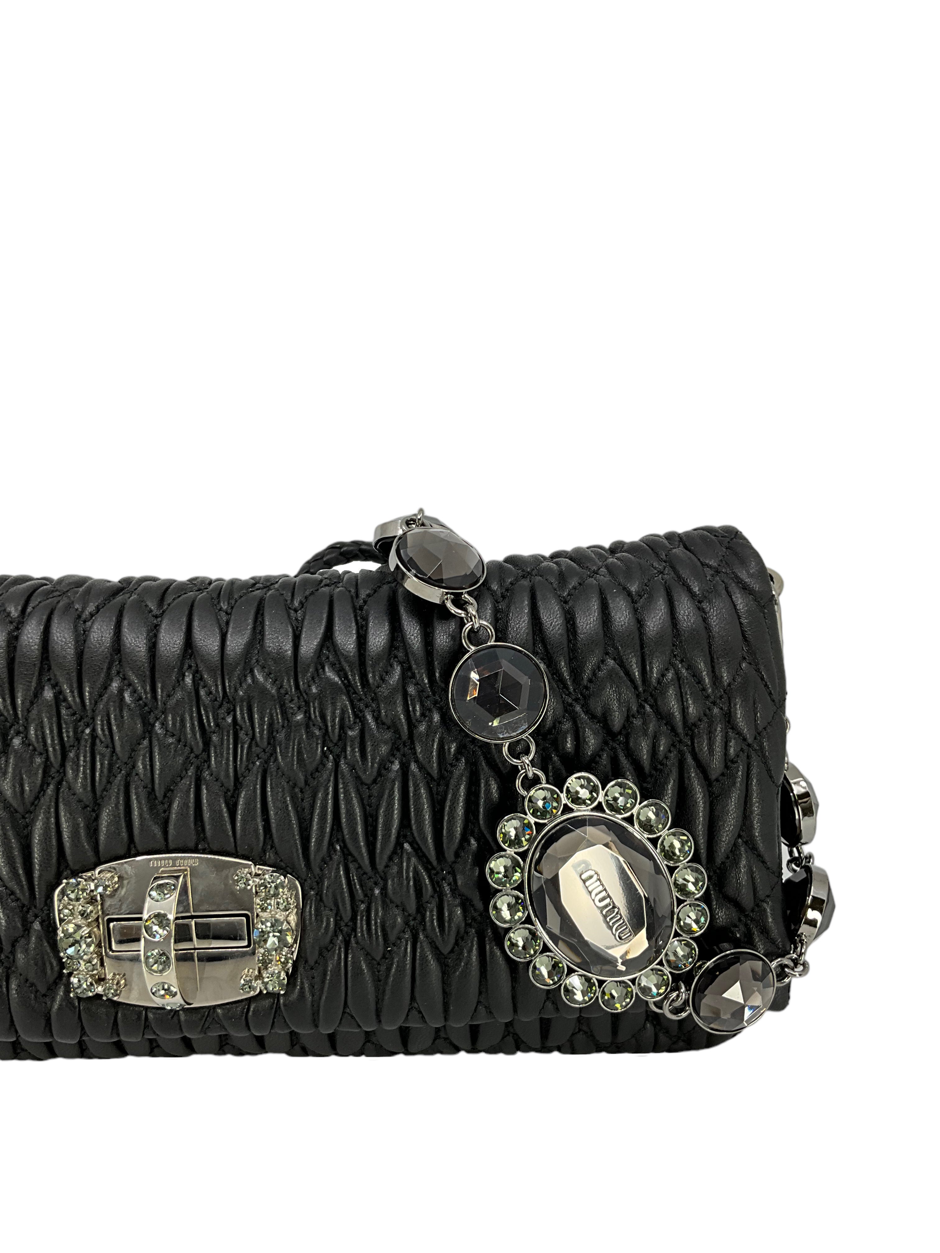 Miu Miu Cloqué Nappa Leather Crystal Flap Bag - Luxury Designer Crossbody Purse for Women | Perfect for Parties, Date Nights & Special Occasions