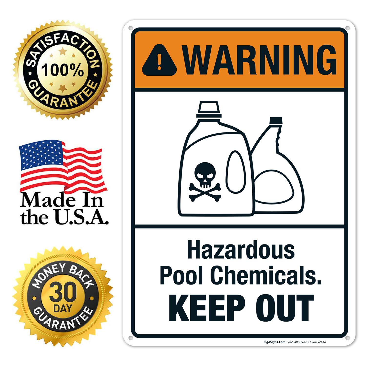 Pool Safety Sign - Sigo 10x14 Inches Keep Out Hazardous Chemicals Warning Sign, 55 mil Thick HDPS Durable Plastic, Made in USA - Ideal for Swimming Pools, Chemical Storage Areas & Maintenance Zones