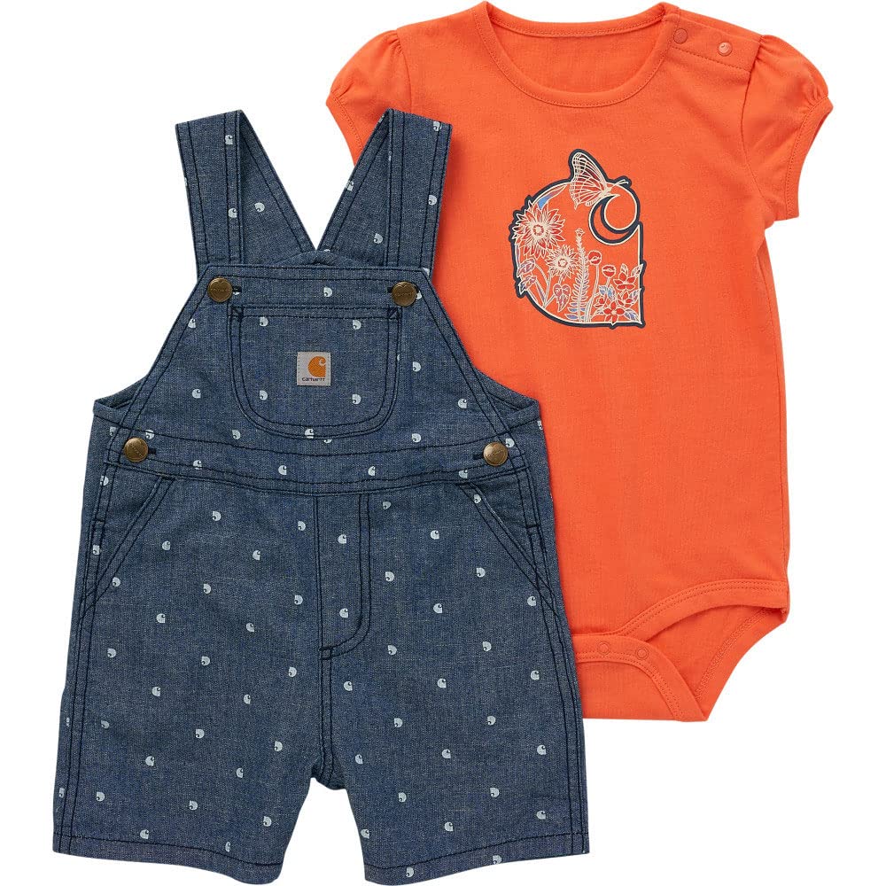 Carhartt Baby Girls' Short-Sleeve Bodysuit & Shortall Set - Cute & Comfortable Outfit for Playtime, Daycare & Summer Adventures