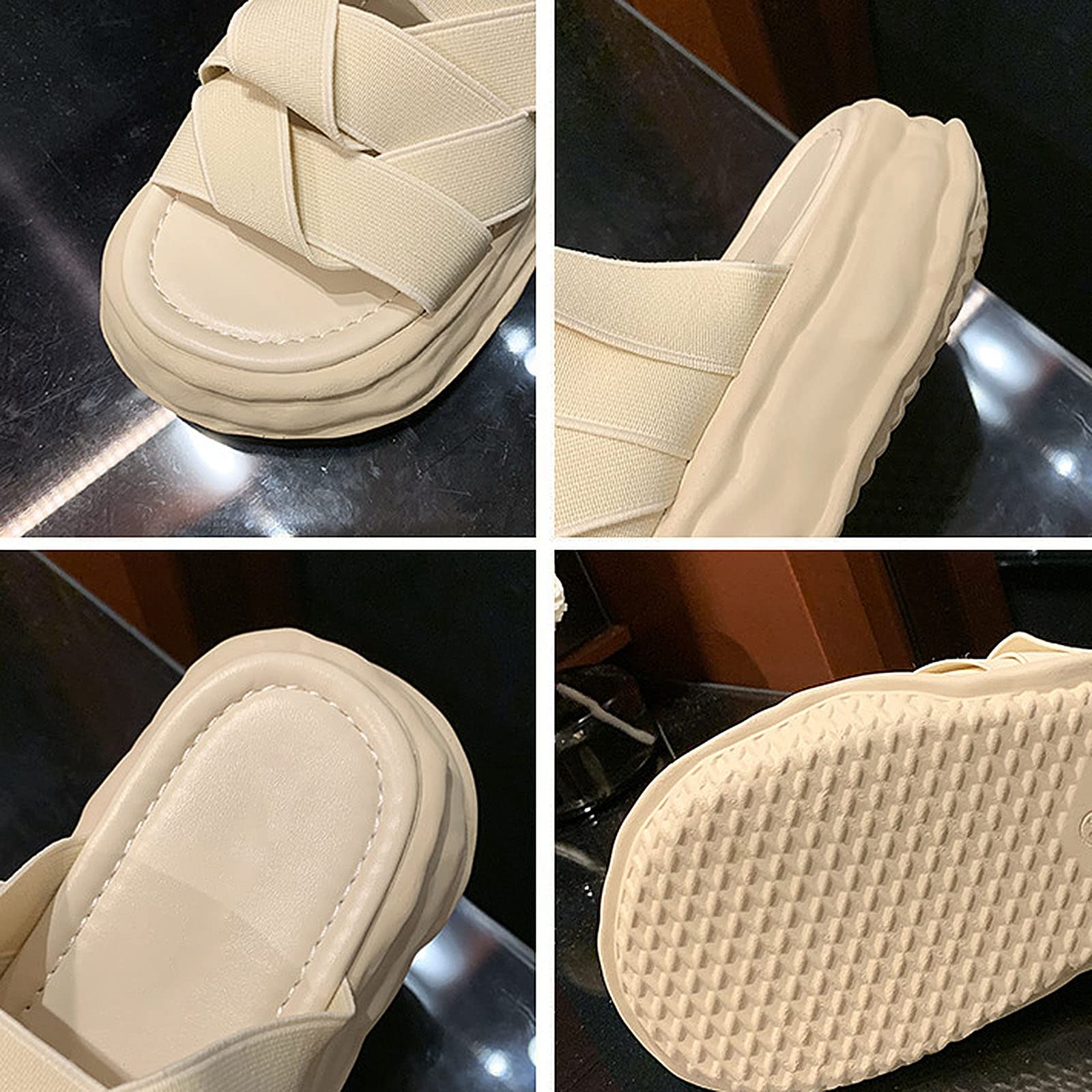 WOilERQ Women's Comfortable Woven Elastic Band Slippers - Summer Thick-Soled Memory Foam Sandals for Indoor & Outdoor Use | Open-Toe Design, Two-Way Wear, Beige Size 39 | Perfect for Home, Beach, and Casual Outings