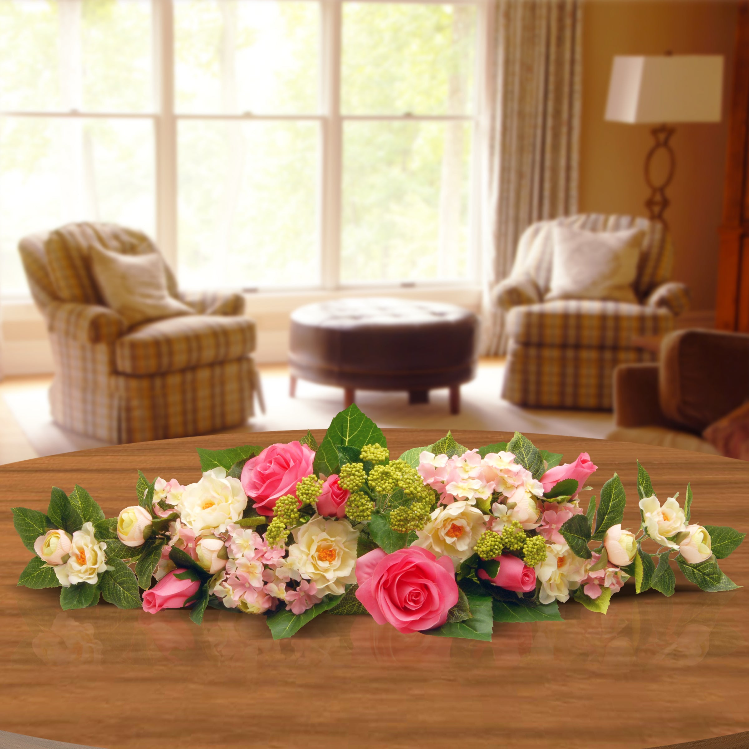 25 Inch Spring Floral Centerpiece with Roses, Hydrangeas, Berries & Greenery - Elegant Table Decor for Weddings, Easter & Home Décor