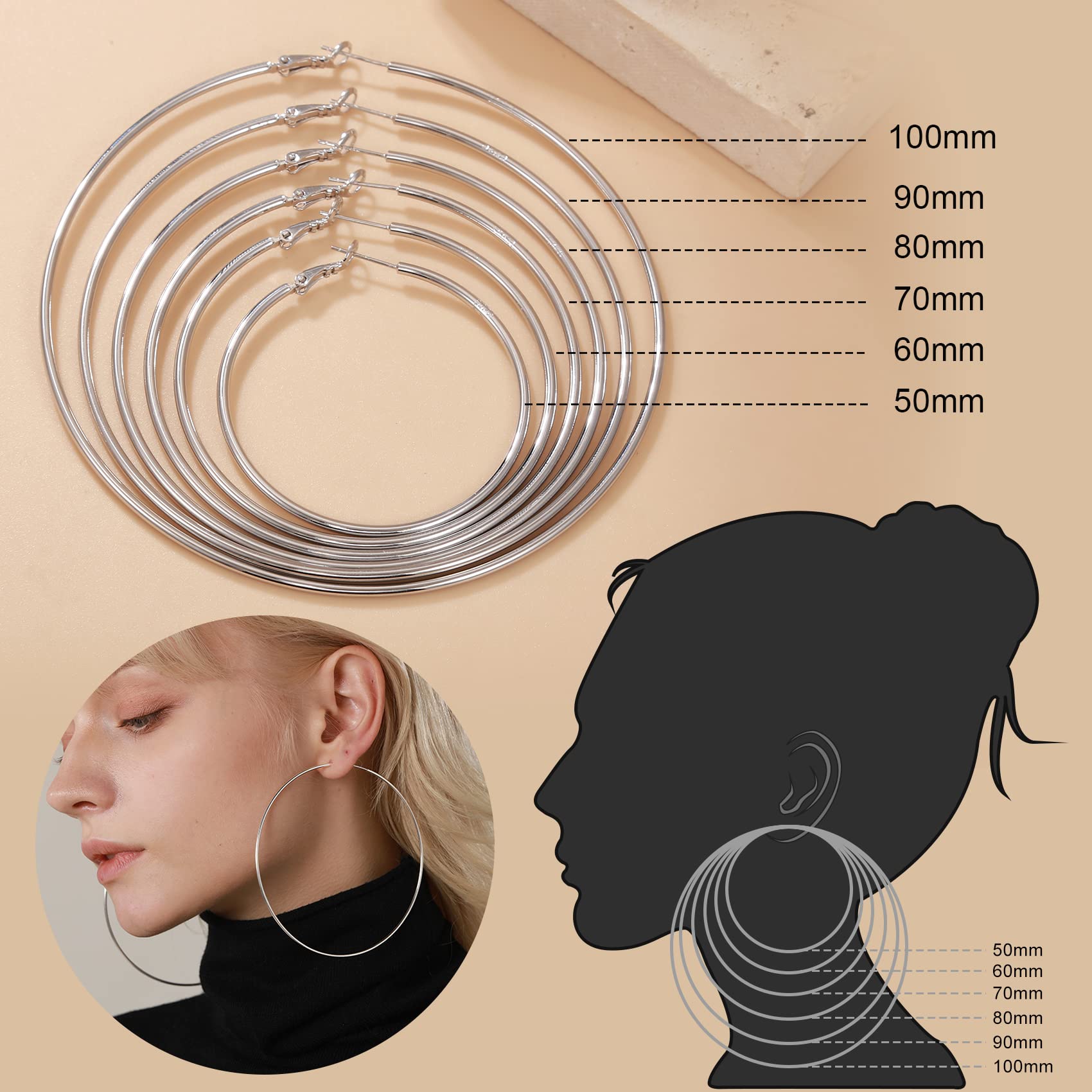 BMMYE Sterling Silver Hoop Earrings for Women - Hypoallergenic Cubic Zirconia Rhinestone Large Hoops (50-100mm) | Thin Elegant Silver Hoop Earrings for Parties, Weddings & Everyday Wear