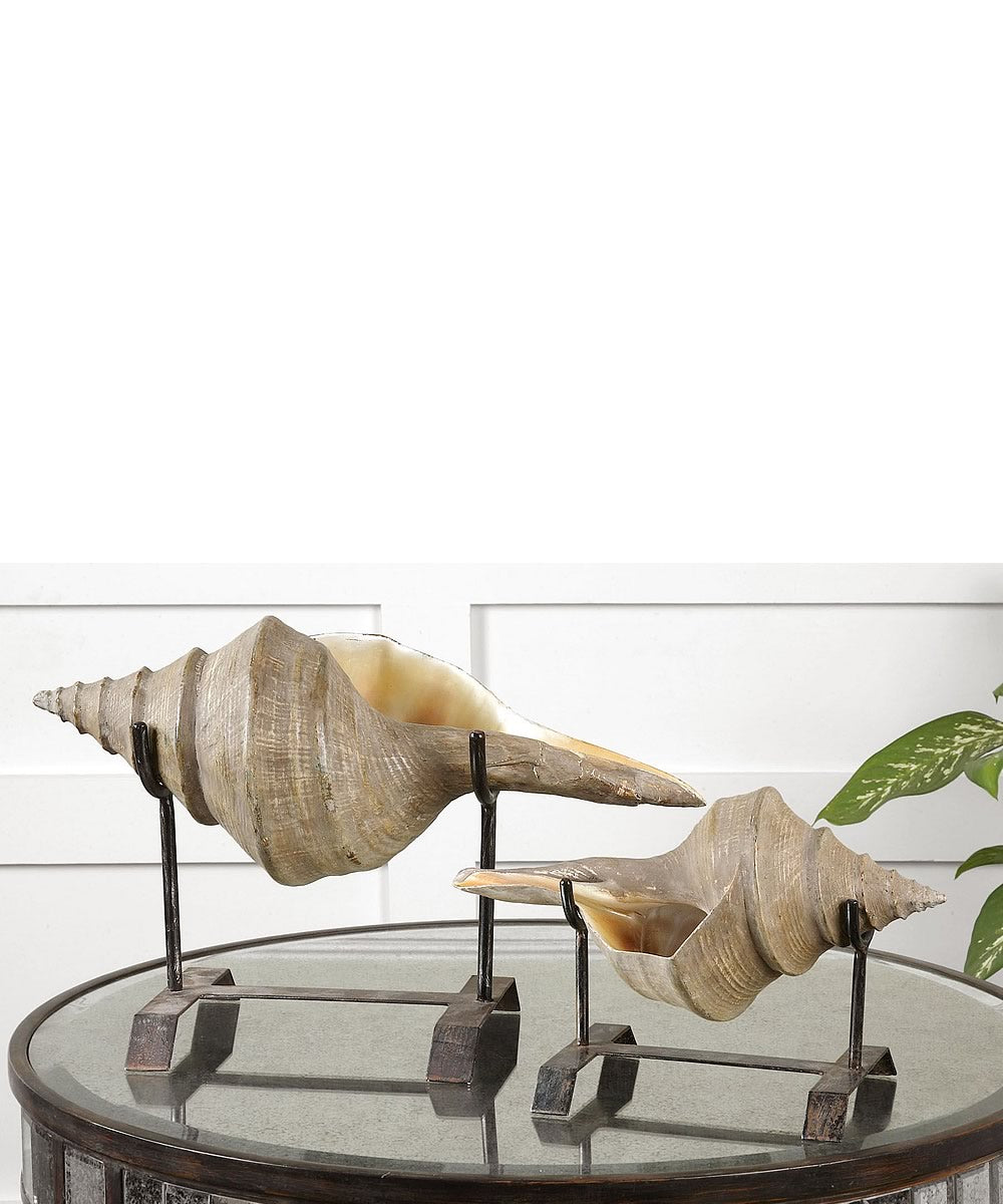 12H Conch Shell Sculpture Set of 2 - Handcrafted Beach Home Decor for Coastal Living, Perfect for Mantel, Shelf, or Tabletop Display