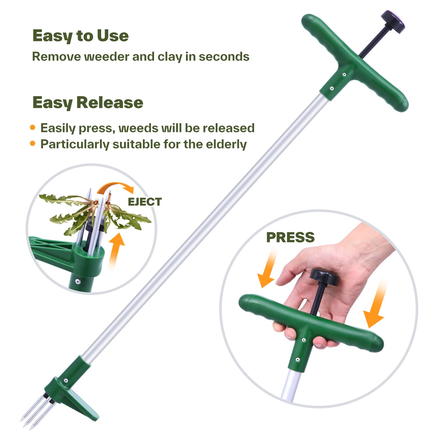 Ohuhu Stand-Up Weed Puller Tool with Long Handle - Stainless Steel 3-Claw Weed Remover for Easy Gardening - Detachable Design for Effortless Weed Removal Without Bending or Kneeling - Perfect for Seniors, Elderly & Back Pain Sufferers - Great for Lawn, Garden & Yard Maintenance
