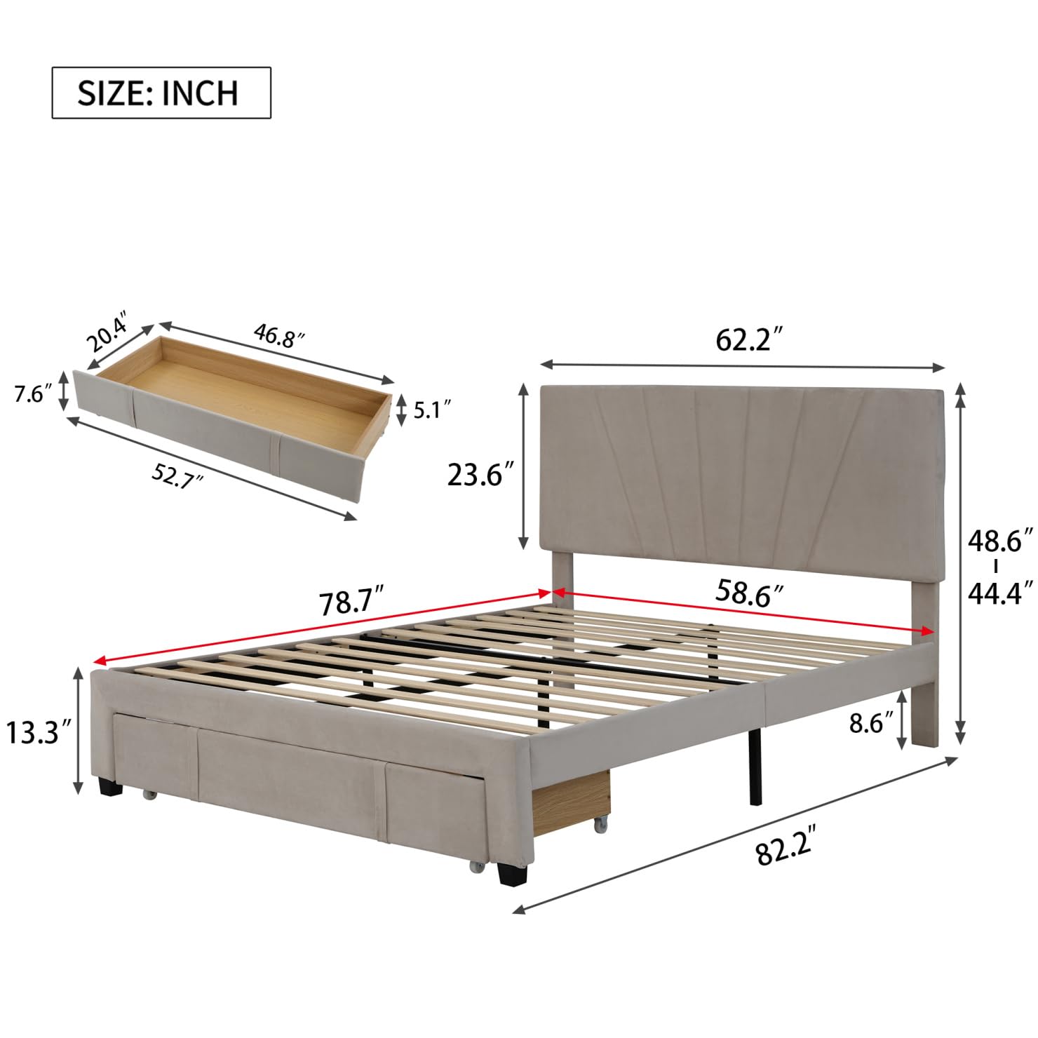 JINS&VICO Queen Size Velvet Upholstered Platform Bed Frame with Storage Drawer - No Box Spring Needed, Beige | Modern Bedroom Furniture for Adults, Teens, Boys & Girls | Perfect for Small Spaces & Master Bedrooms
