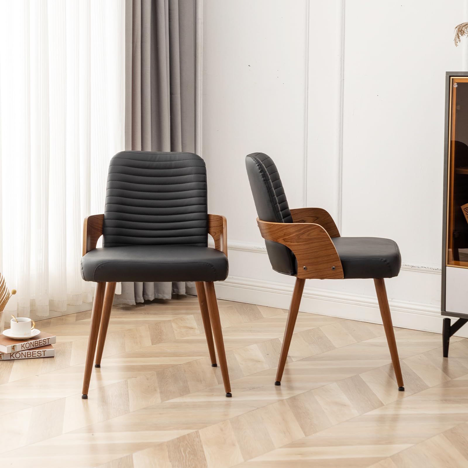 Mid Century Modern Dining Chairs Set of 2 - Upholstered Faux Leather Kitchen Chairs with Metal Legs - Armless Wooden Accent Chairs for Dining Room, Living Room & Office - Black | Perfect for Small Spaces & Contemporary Home Decor