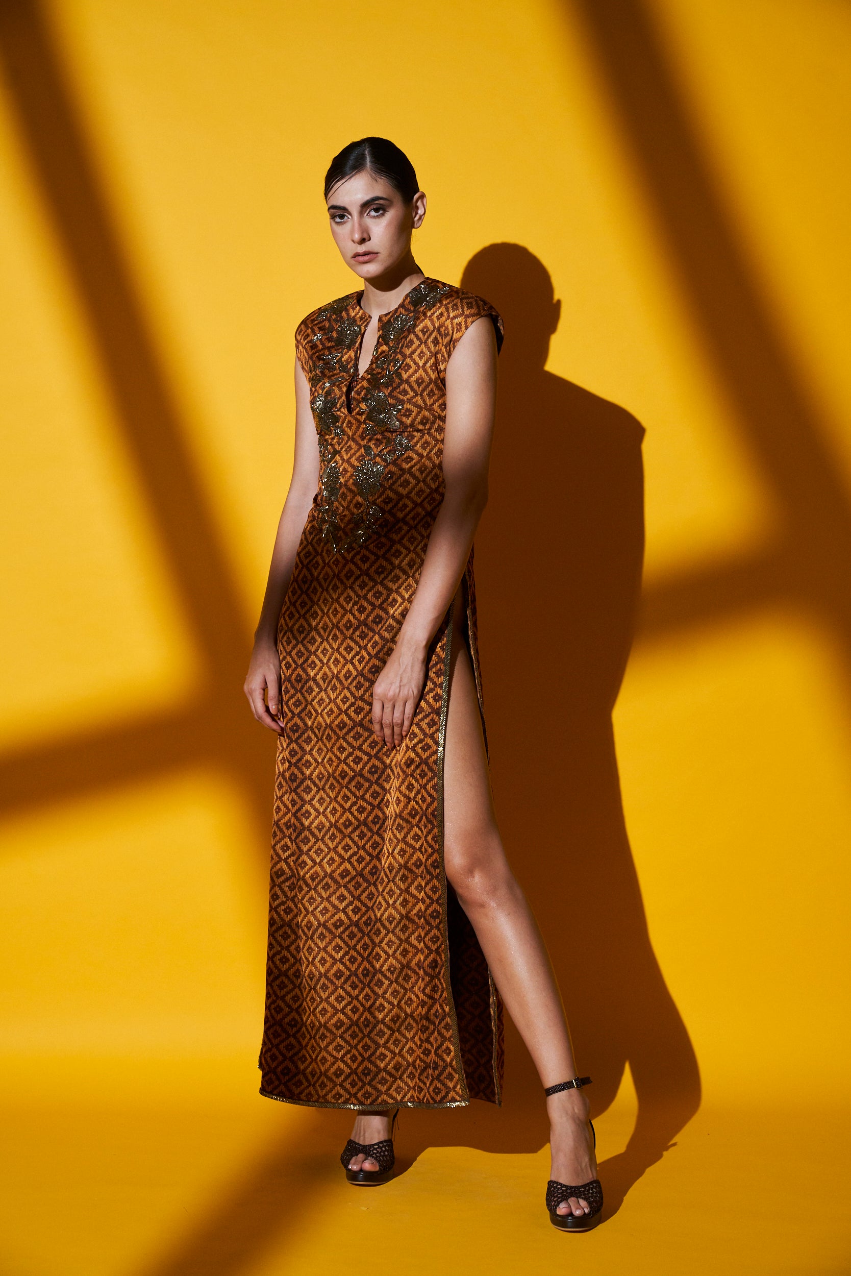 Beige Brown Basket Weave Print Hand Embellished Side Slit Maxi Dress for Women - Elegant Boho Chic Summer Dress for Beach Wedding, Party & Vacation